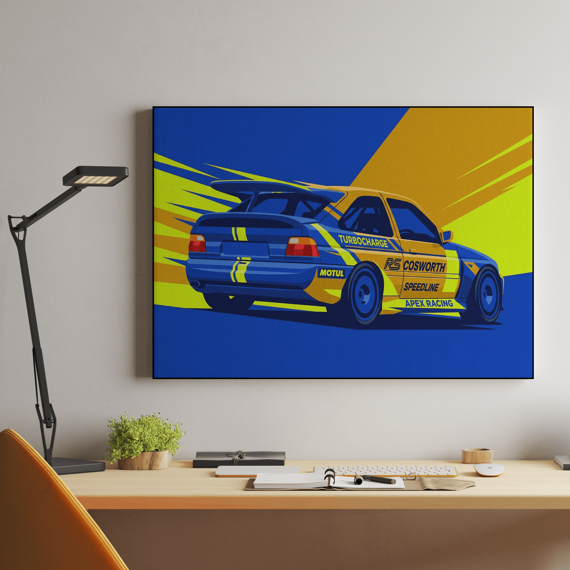 Ford Escort RS Cosworth Blue and Yellow Speed Art