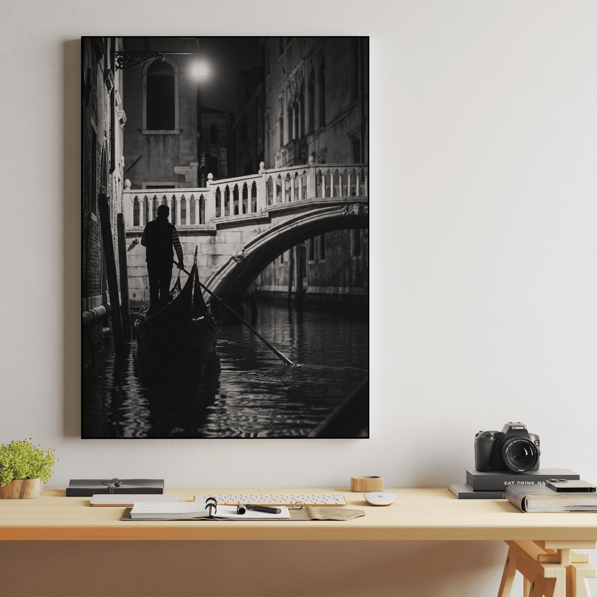 Venice Nocturne: Classic Gondolier under the Lamp