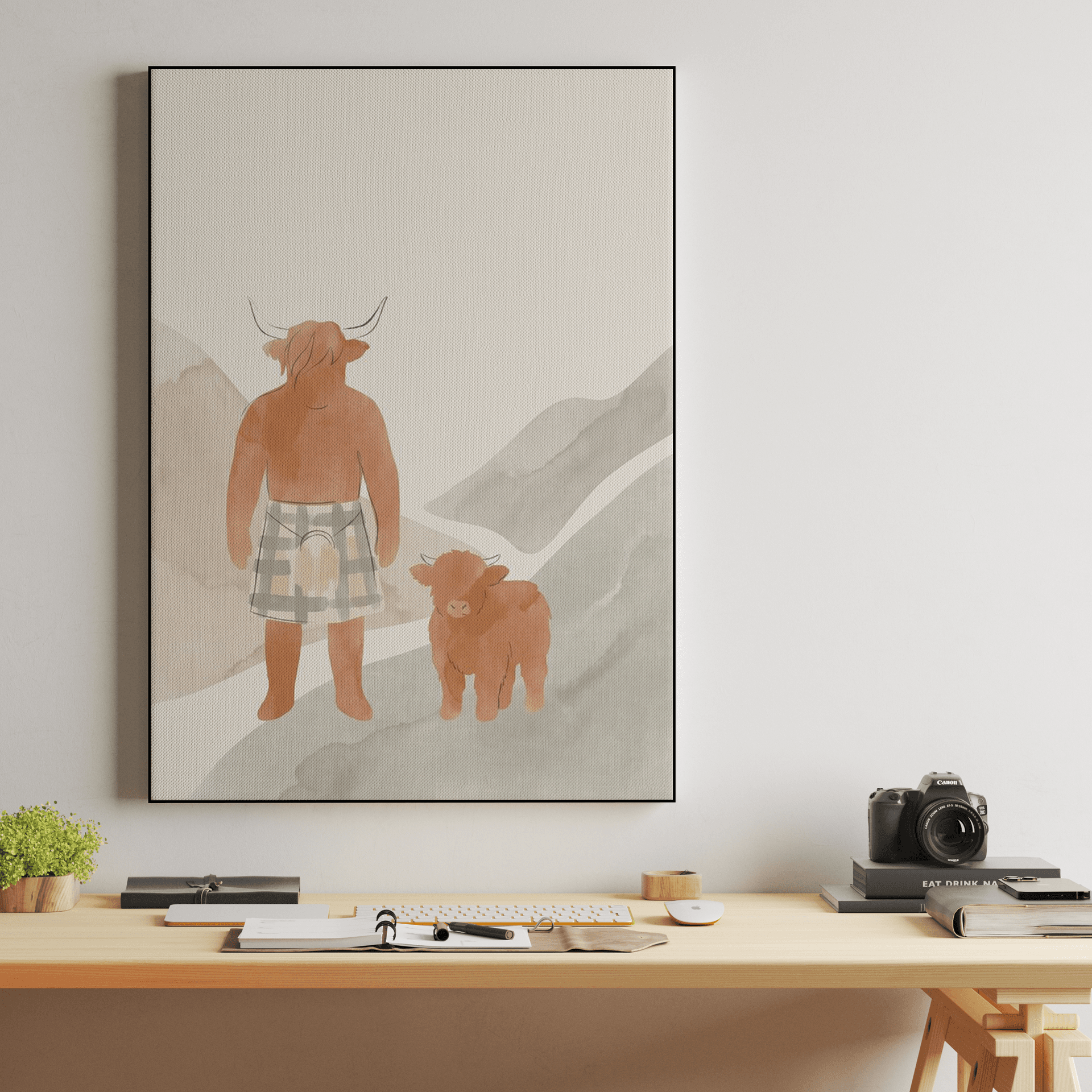 Kilted Highlander - Minimalist Boho Highland Cow Poster