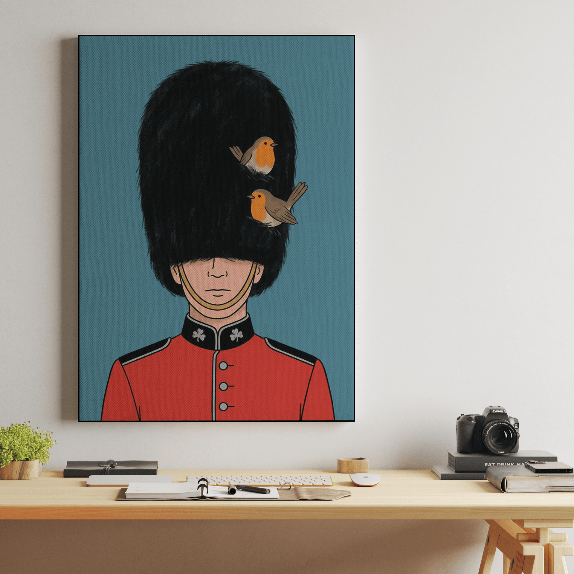 Royal Nest: Minimalist British Guard with Robins