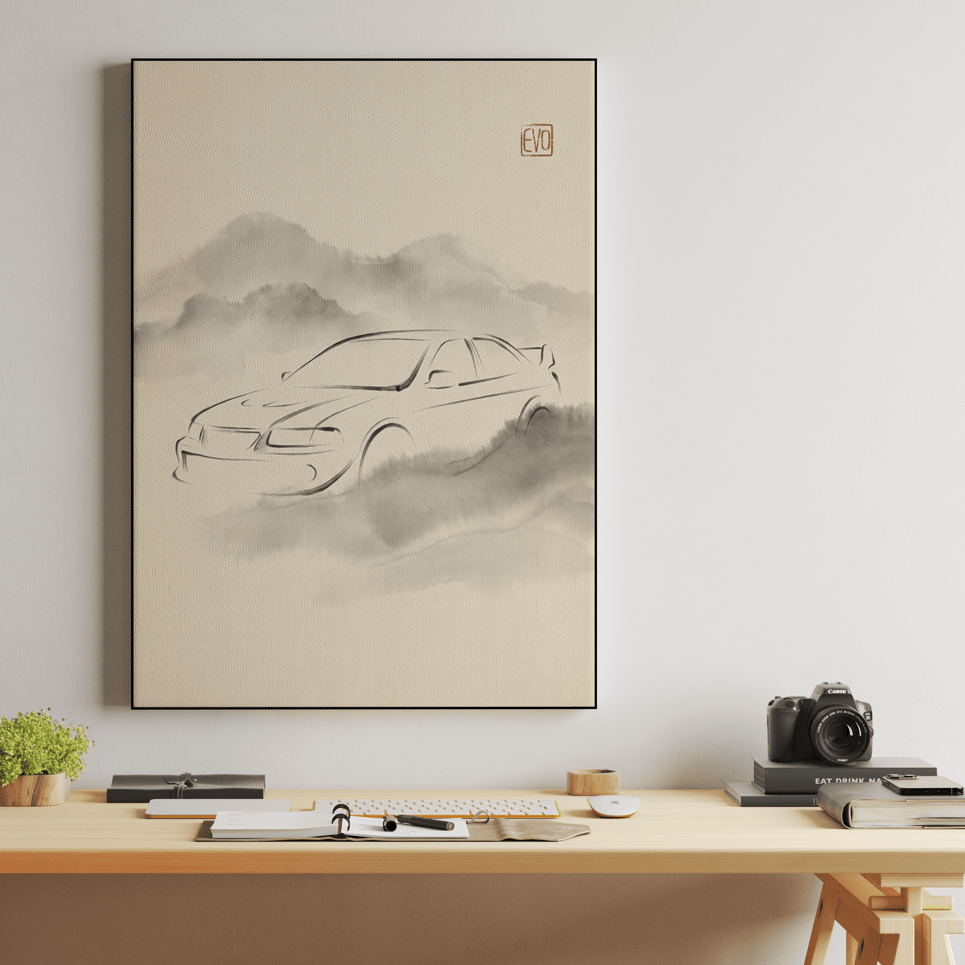 Mitsubishi Lancer Evolution Minimalist Sumi-e Ink Wash Painting