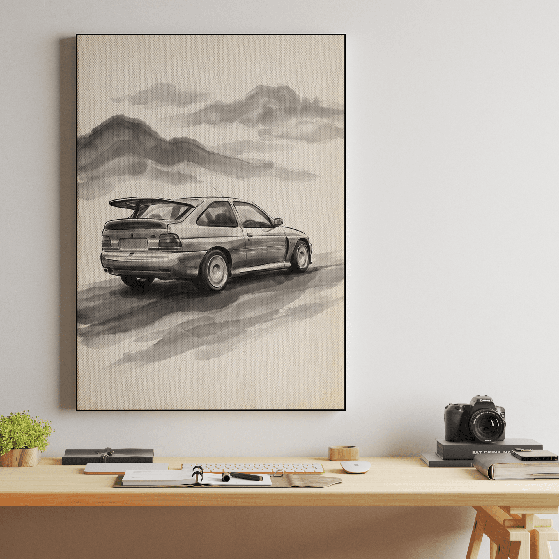 Ford Escort Cosworth Minimalist Sumi-e Ink Wash Painting