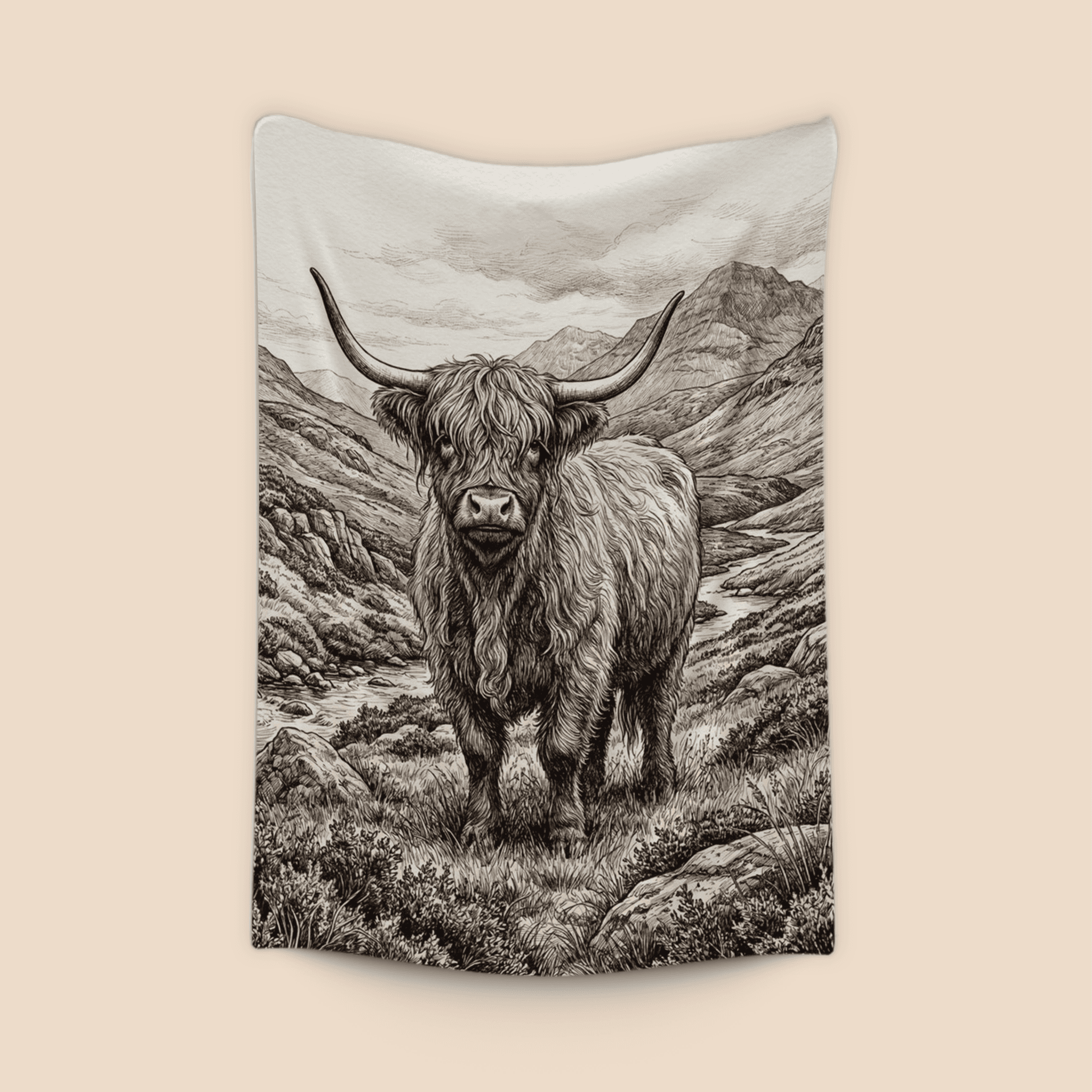 Highland Majesty: Sepia Ink Drawing of a Scottish Cow