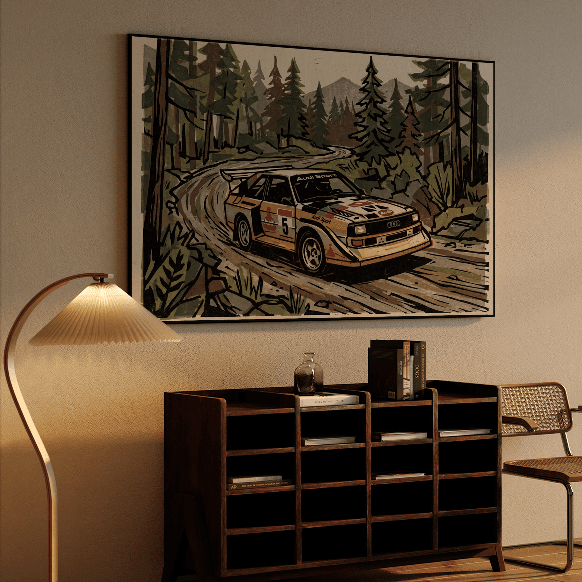 Audi Quattro Forest Linocut Art
