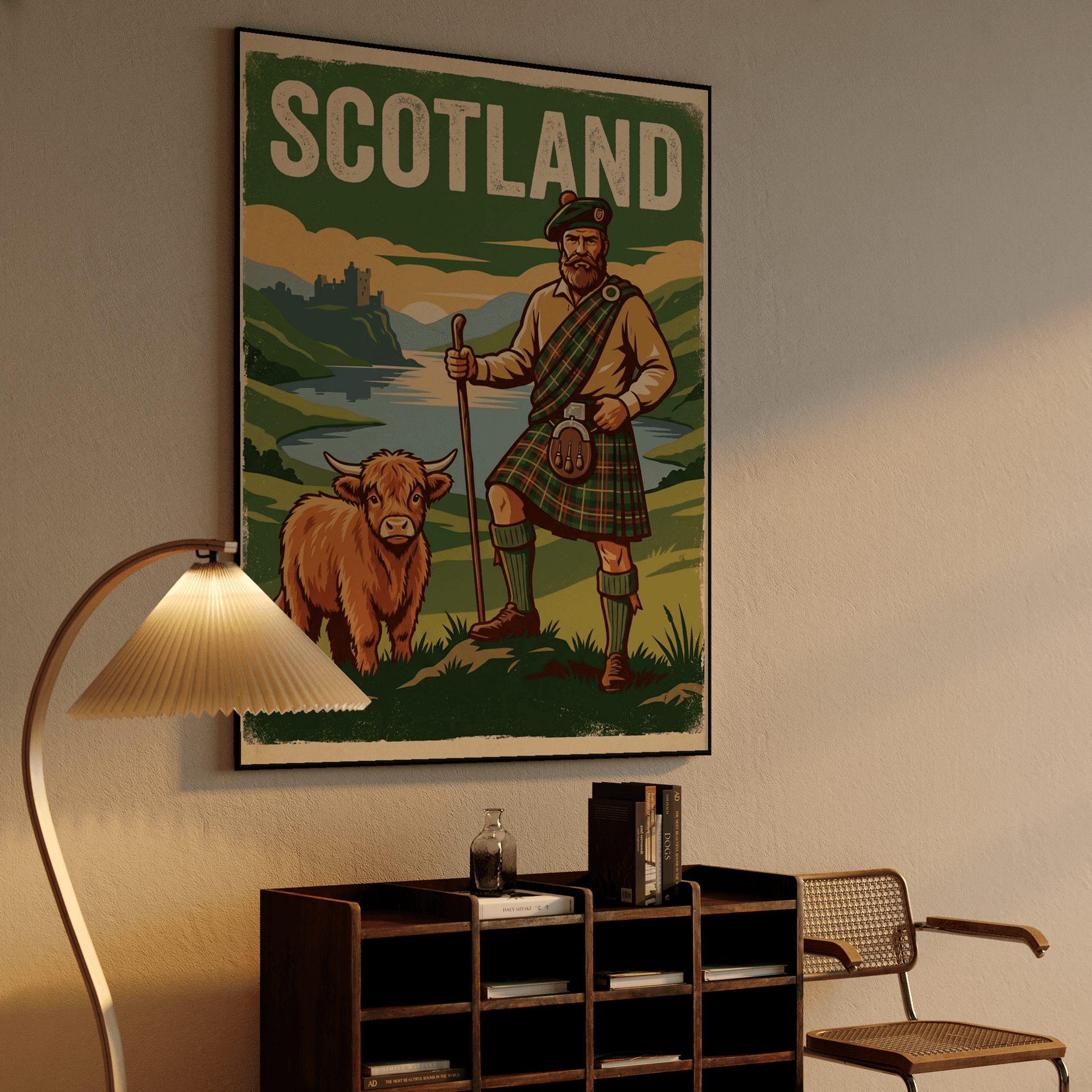 Scottish Highlands - Traditional Highlander and Highland Cow Poster