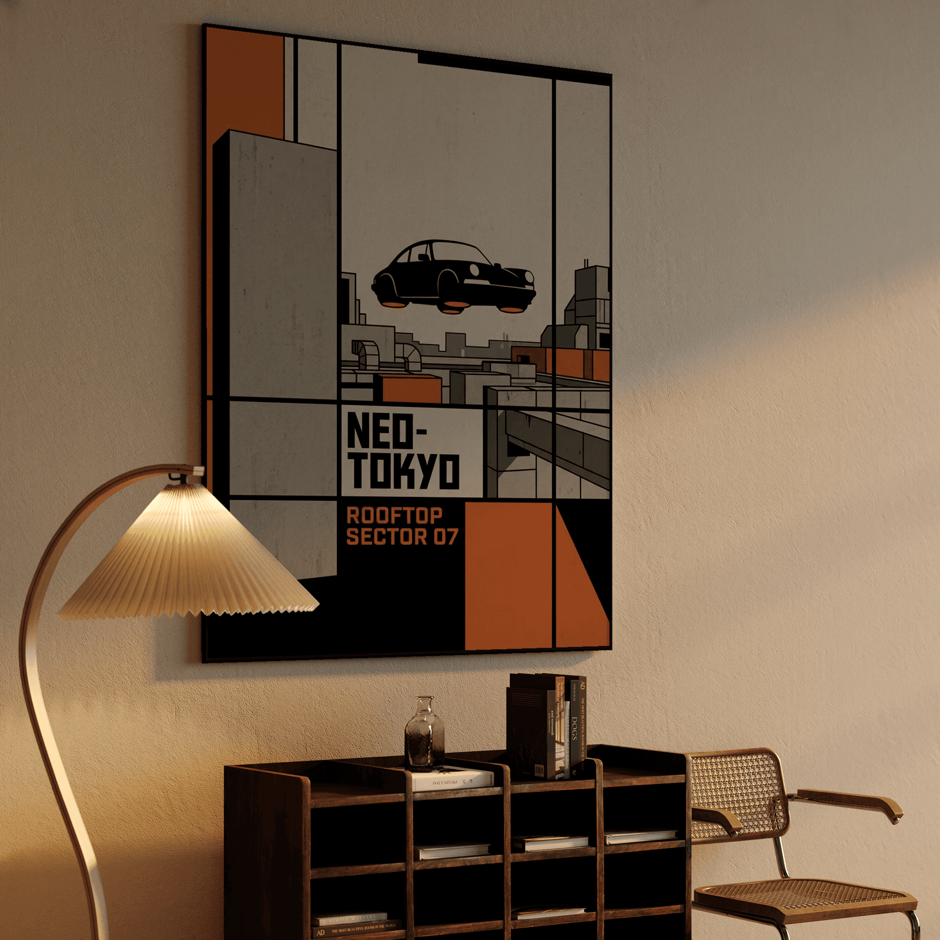 Neo-Tokyo Rooftop Sector 07 Hovercar Poster