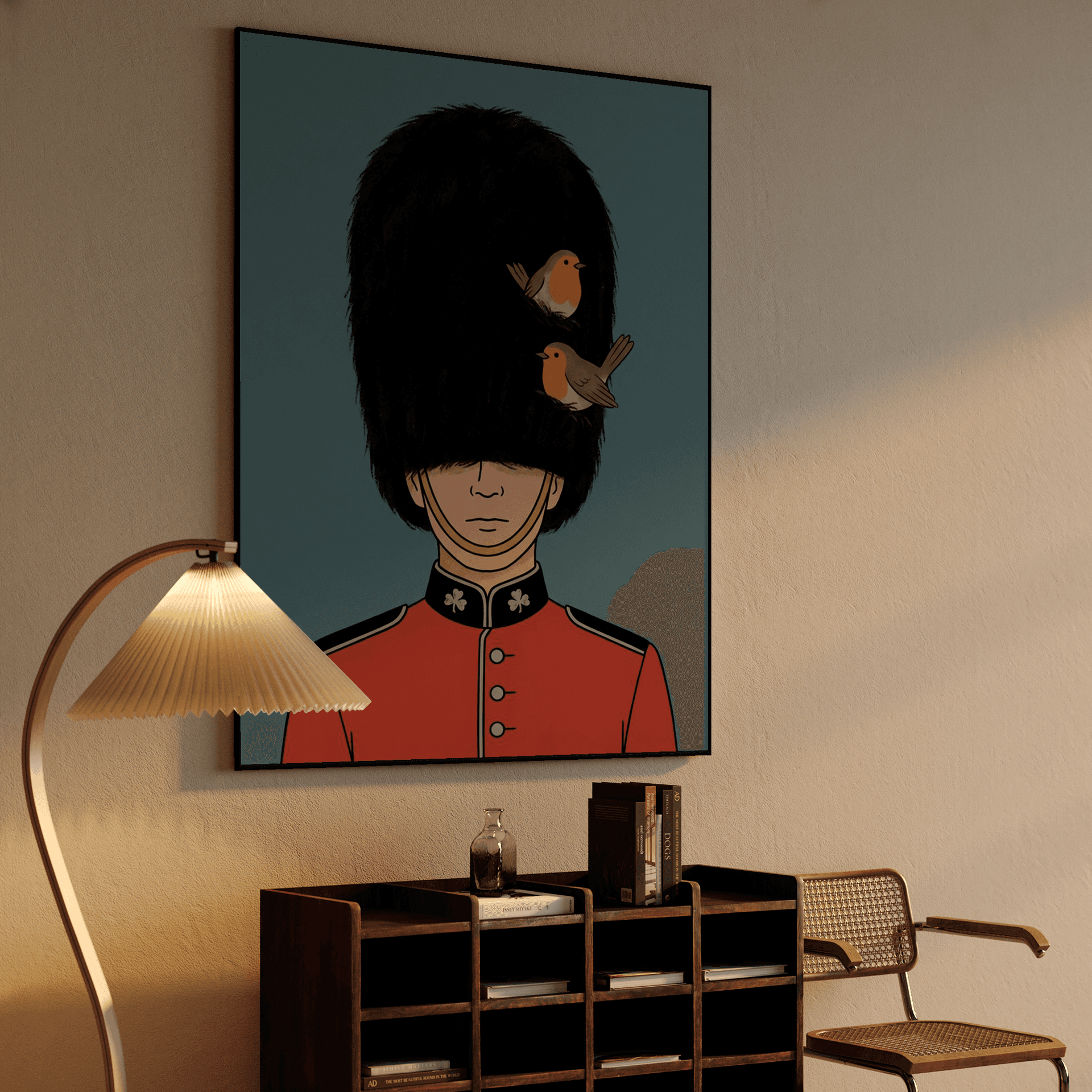 Royal Nest: Minimalist British Guard with Robins