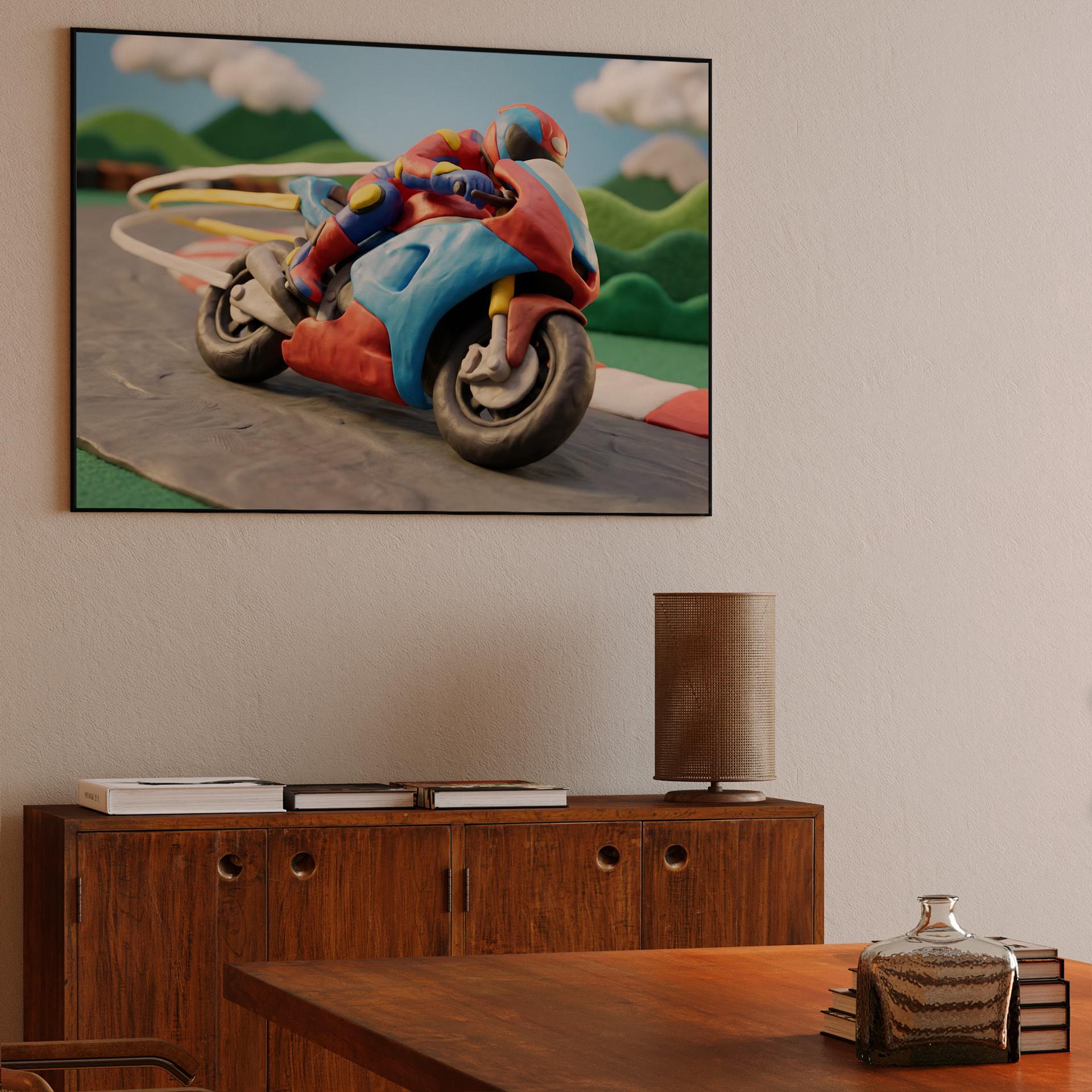 Clay Circuit: The Red and Blue Racer's High-Speed Lean