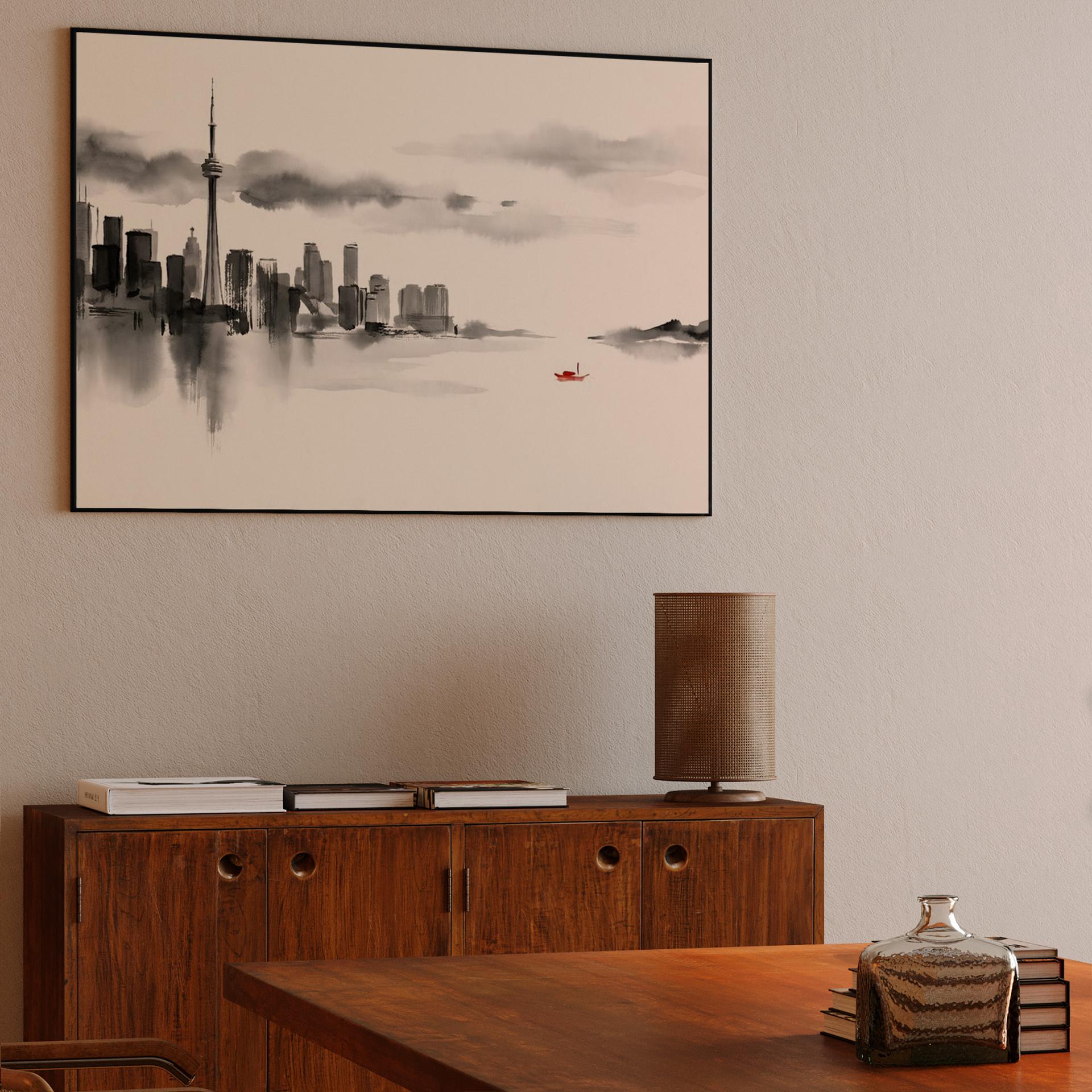 Sumi-e Toronto: Red Boat on Lake Ontario