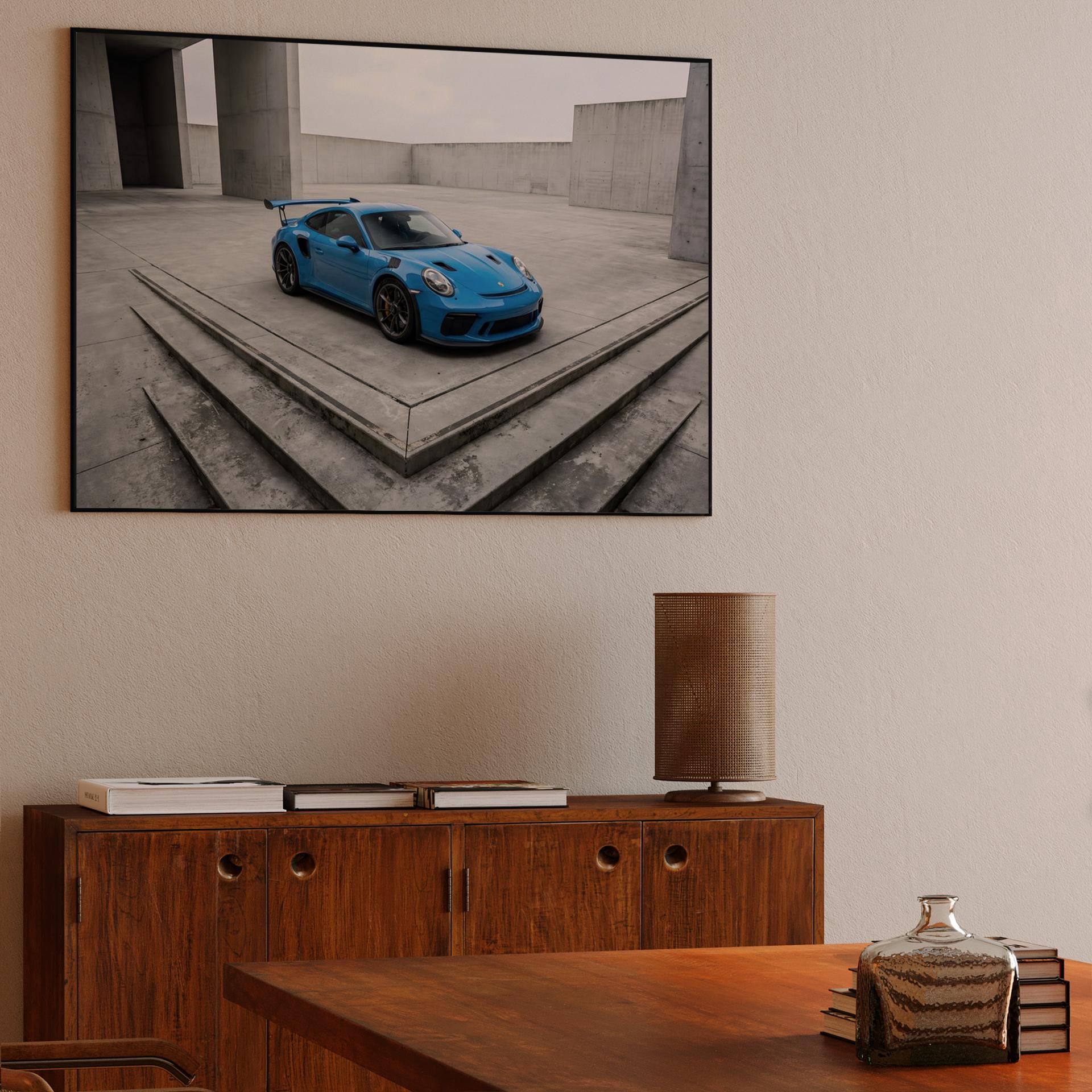 Blue Porsche 911 GT3 RS in Brutalist Setting