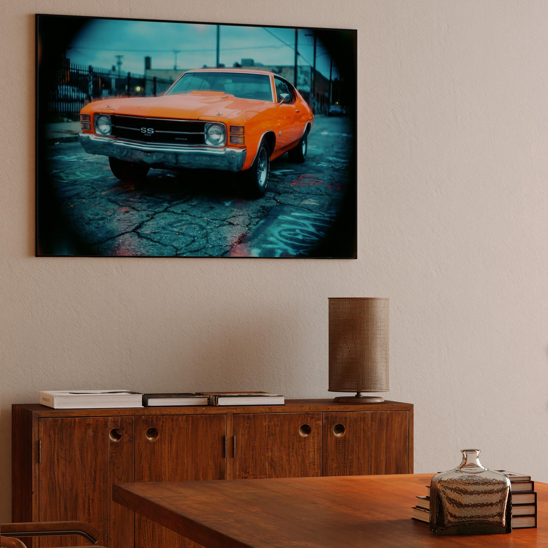 Vivid Orange Chevelle SS 454: Urban Fisheye Perspective