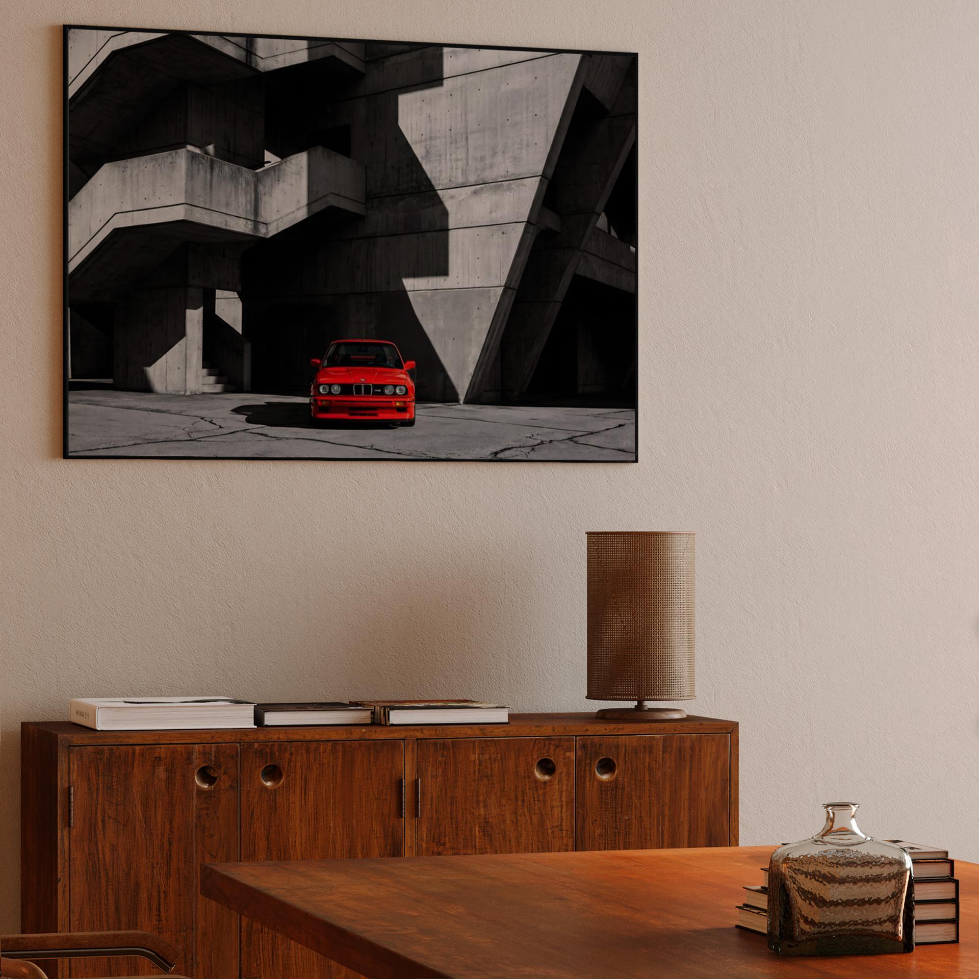 Crimson Icon: BMW E30 M3 in Brutalist Shadow