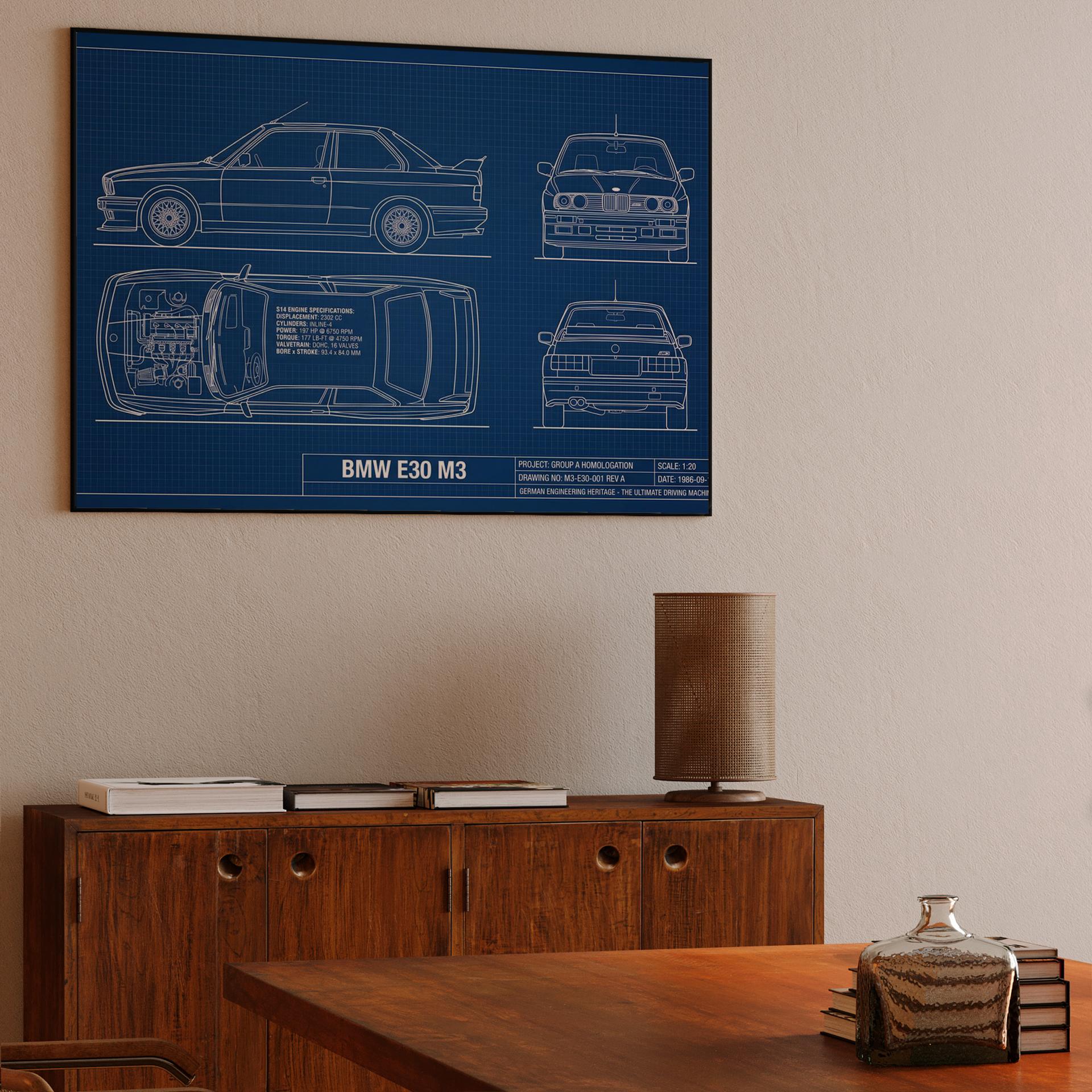 BMW E30 M3 Technical Blueprint Poster