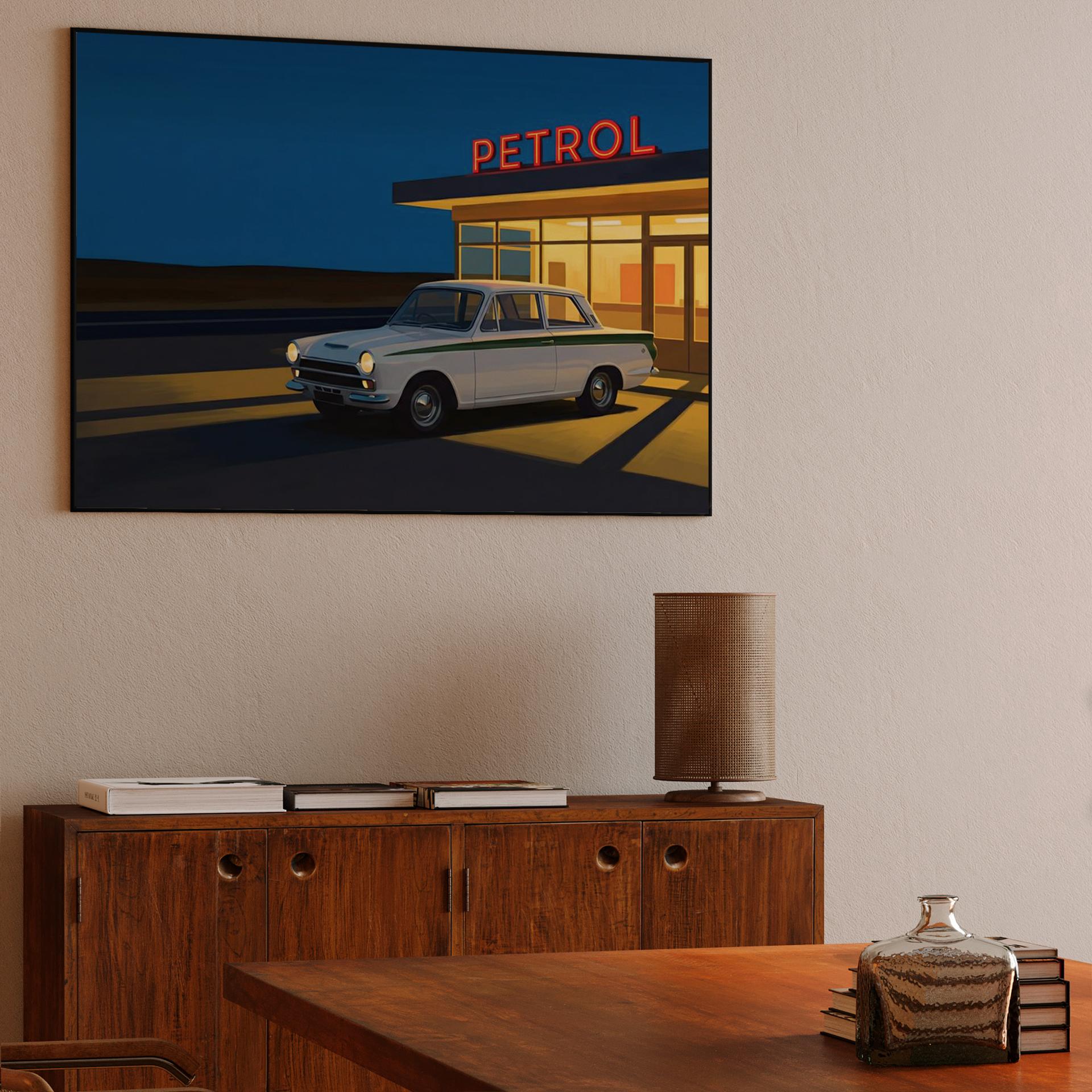 Nocturnal Refuel - Lotus Cortina at the Gas Station