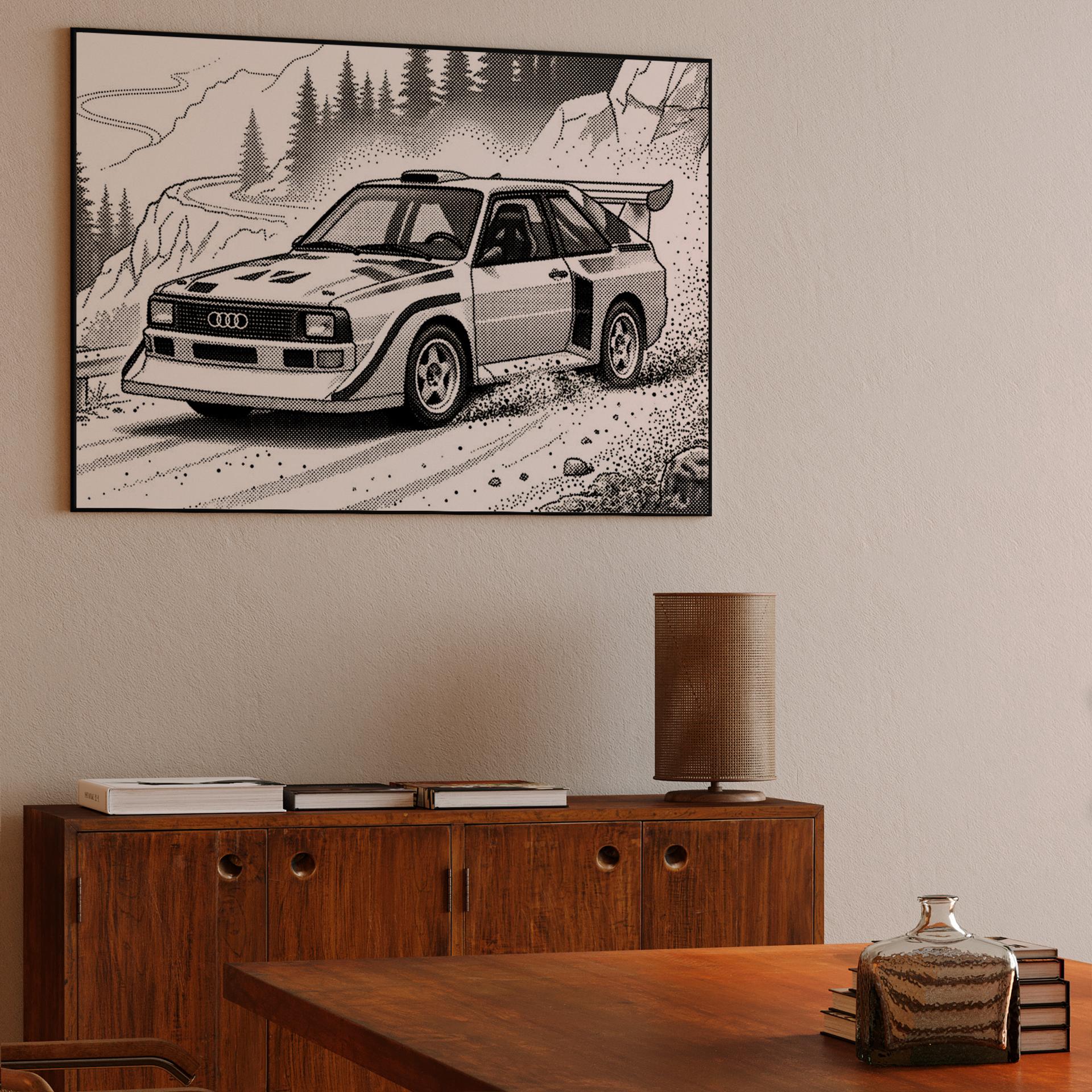 Audi Quattro S1: Retro Halftone Mountain Drift
