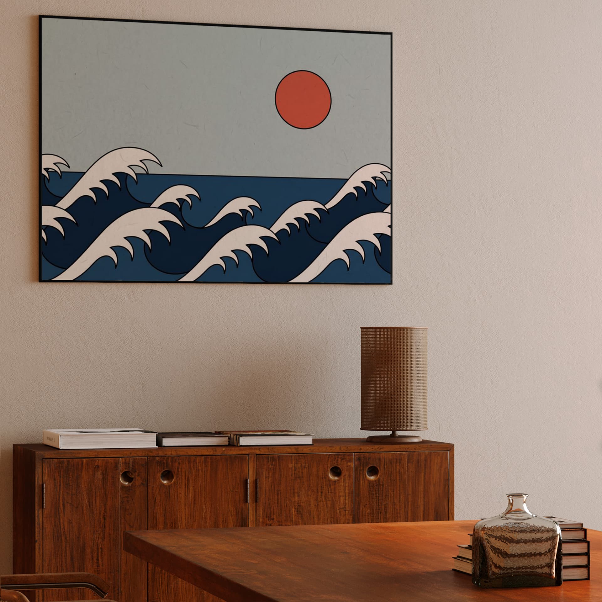 Red Sun and Rolling Waves