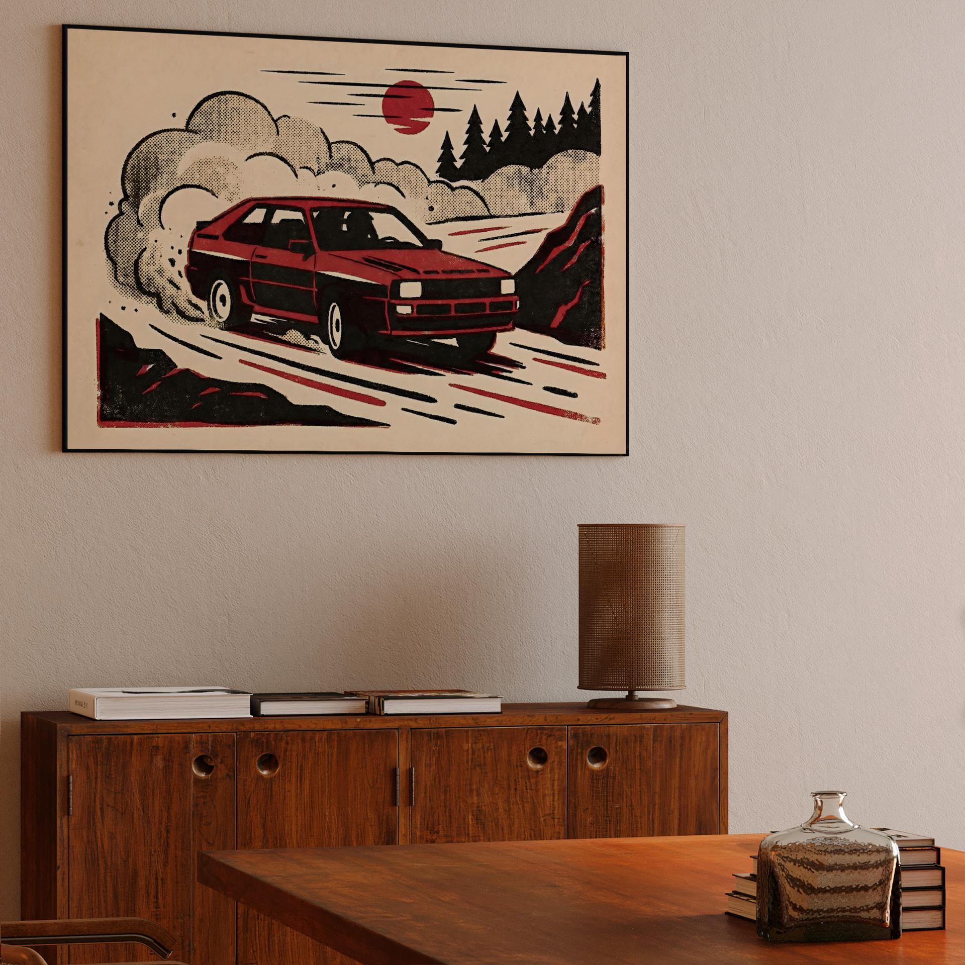 Audi Sport Quattro Rally Drift Woodcut Illustration
