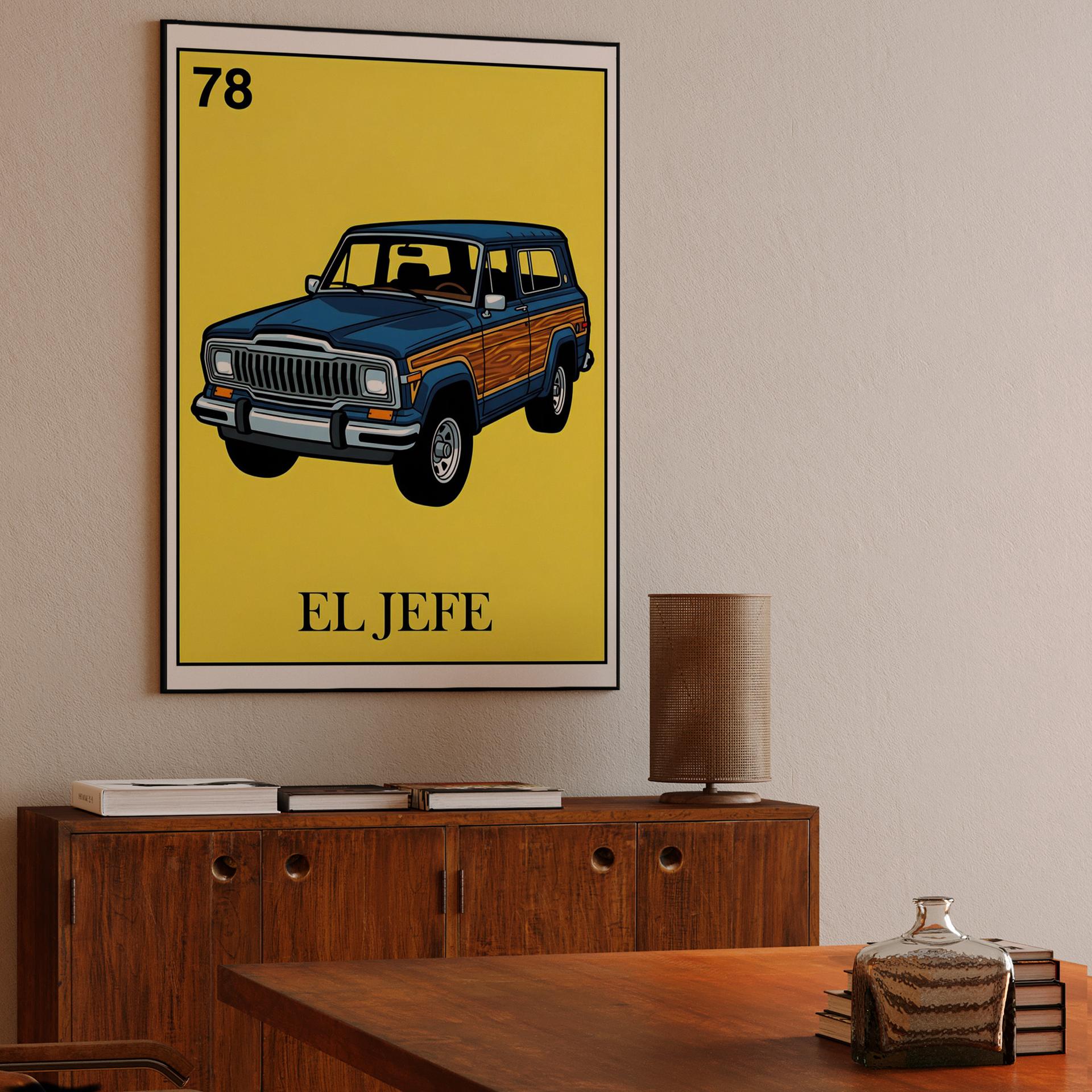 El Jefe: 1978 Jeep Cherokee Chief Loteria Style Illustration