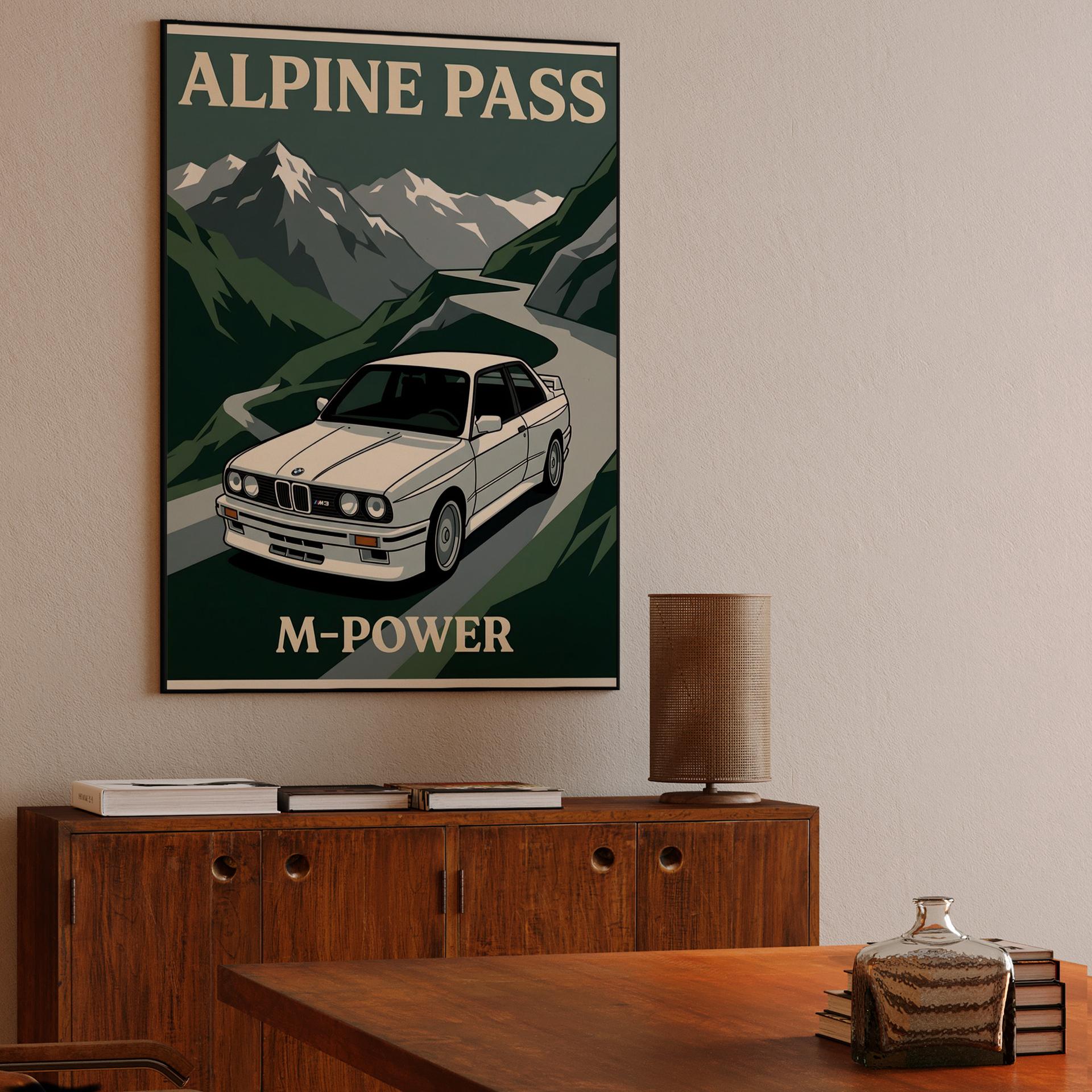 BMW E30 M3 Alpine Pass Retro Poster
