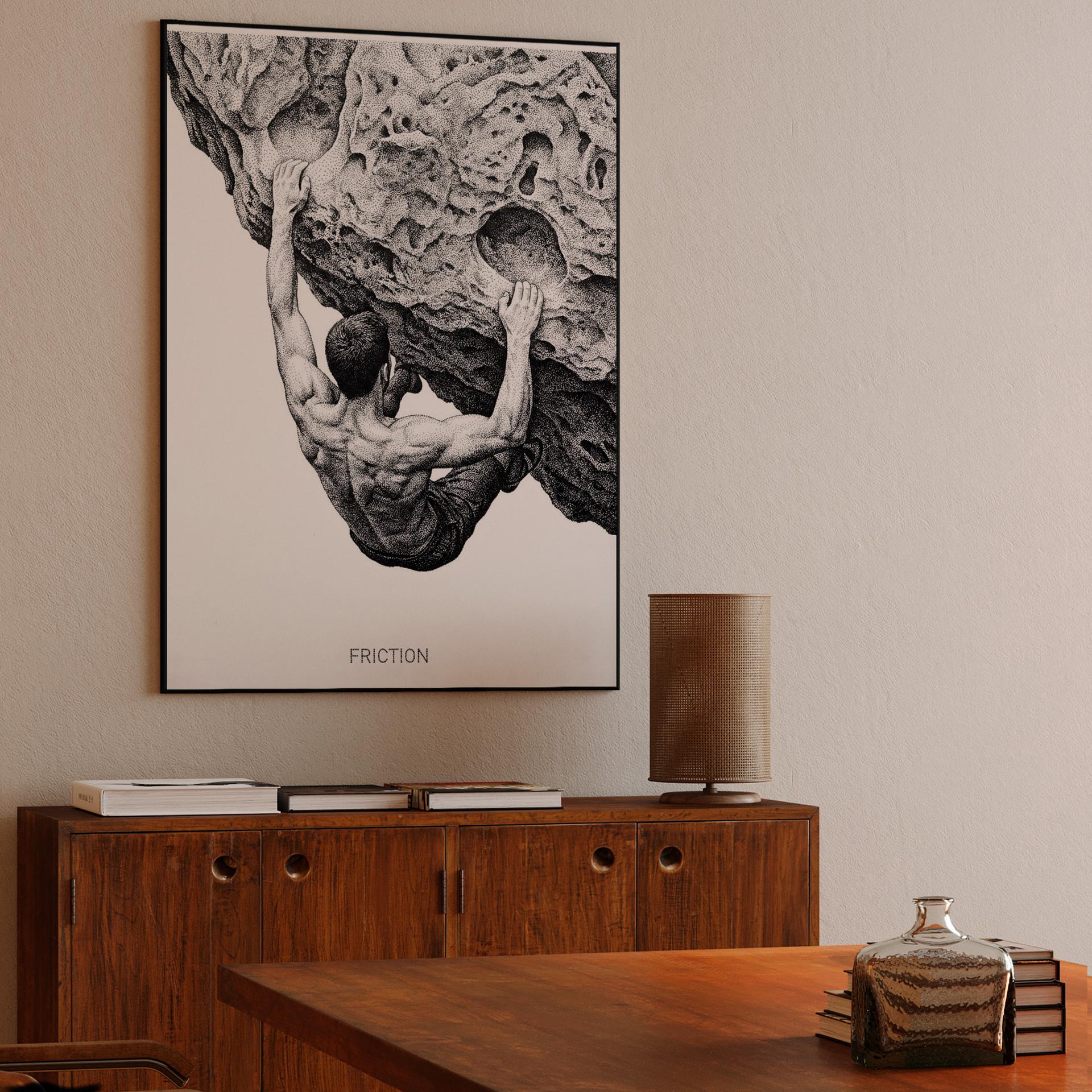 Friction: Stippled Rock Climbing Illustration