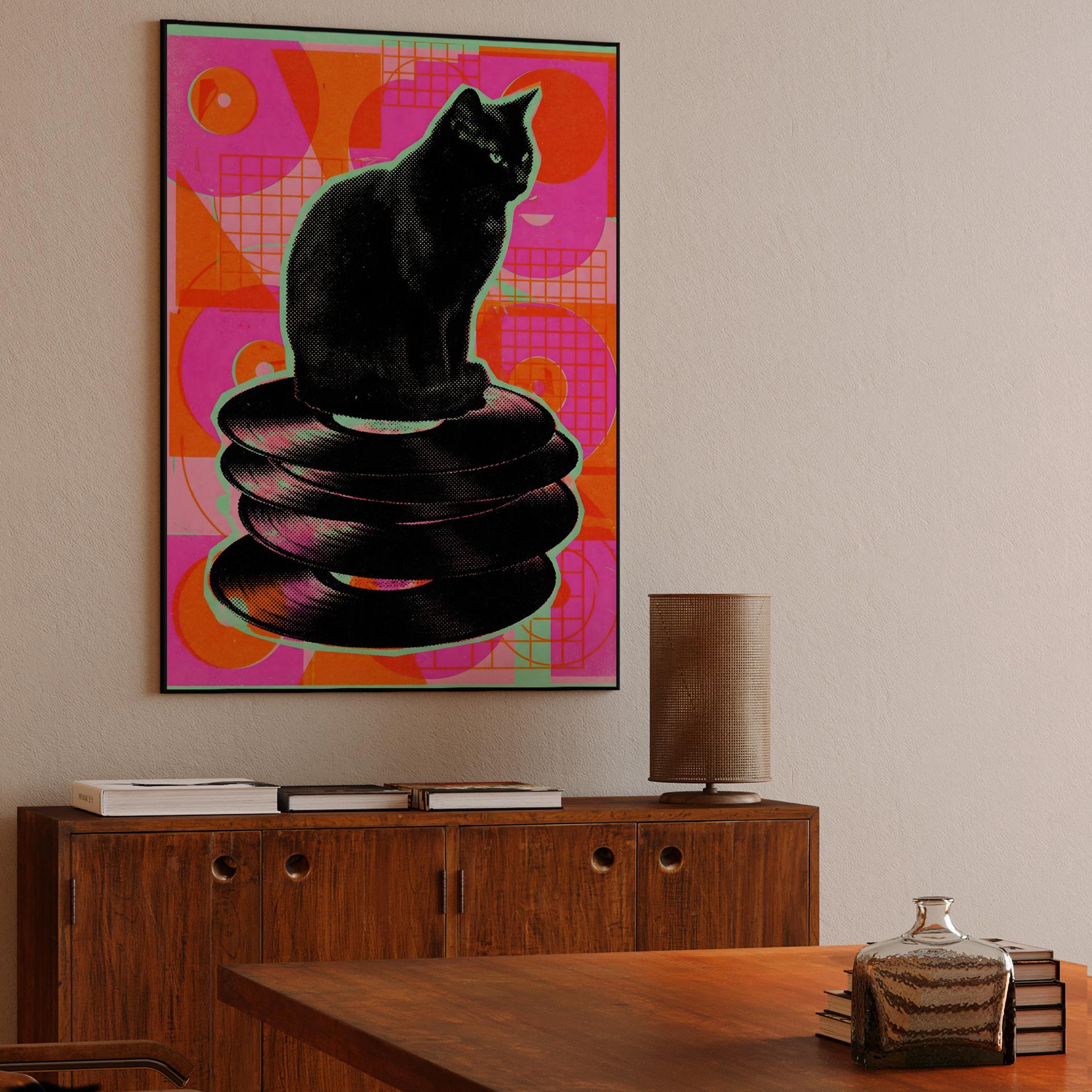 Retro Groove: Black Cat on Vinyl Stack