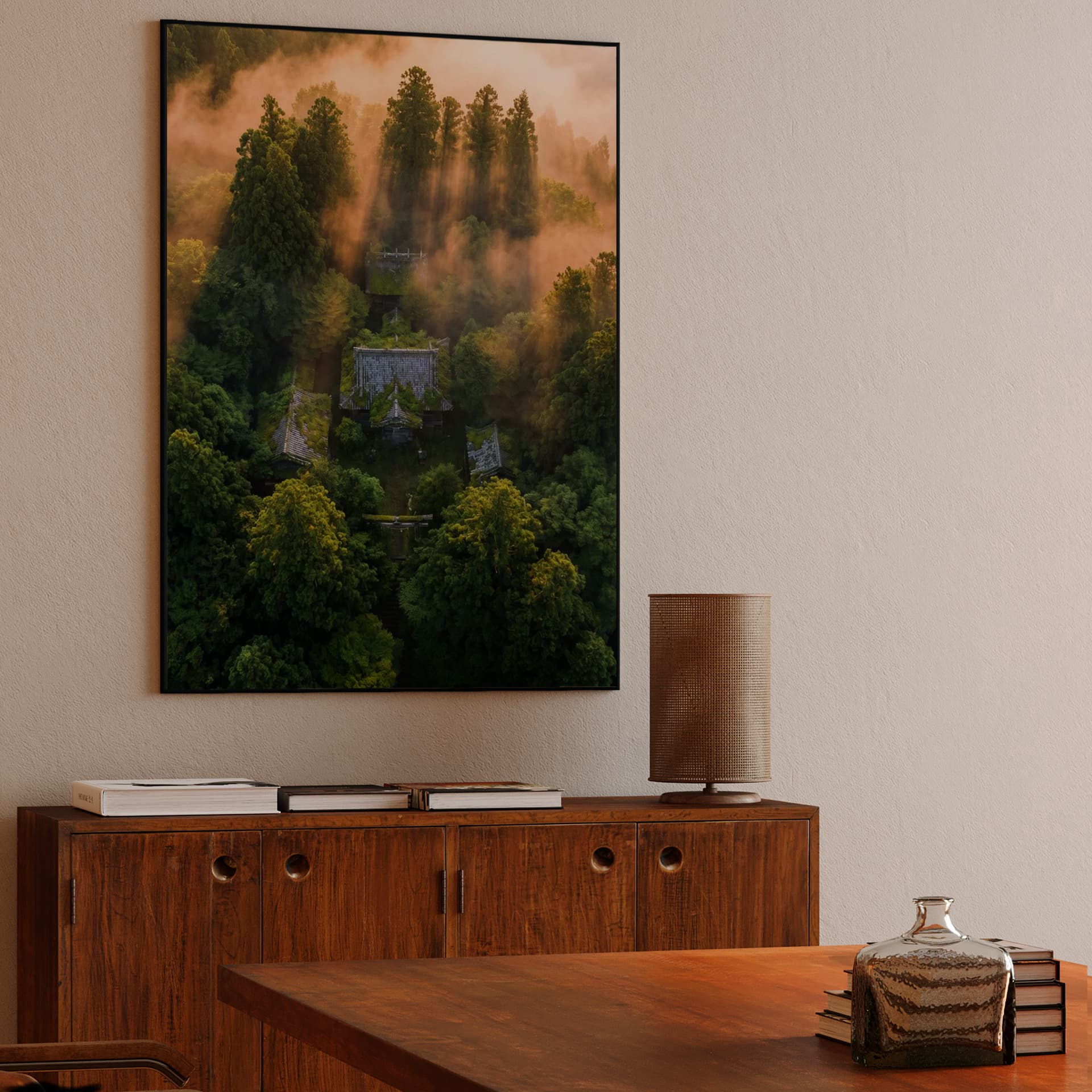 Sacred Forest Mist: Aerial Shinto Shrine