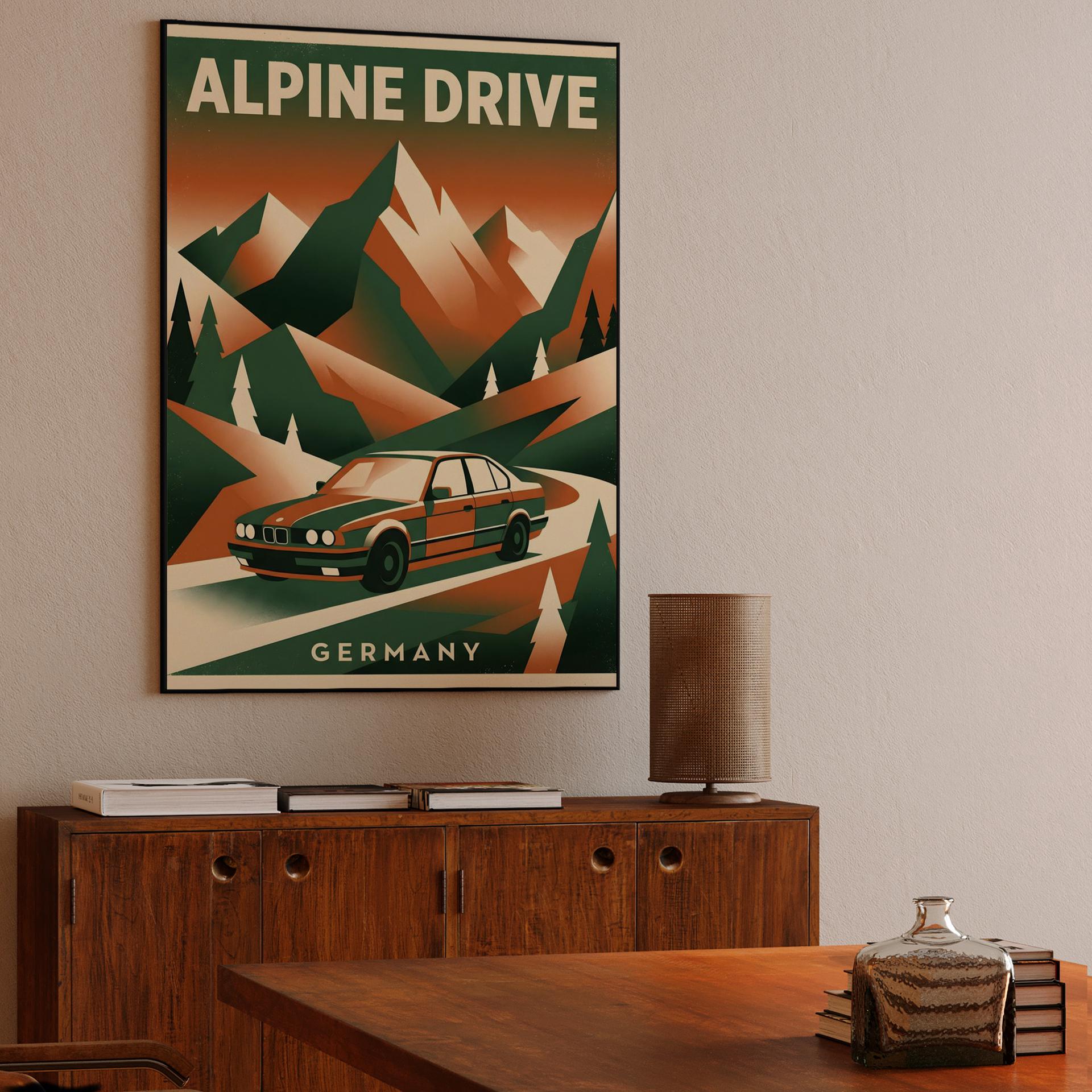 Alpine Drive: BMW E34 Germany Travel Poster