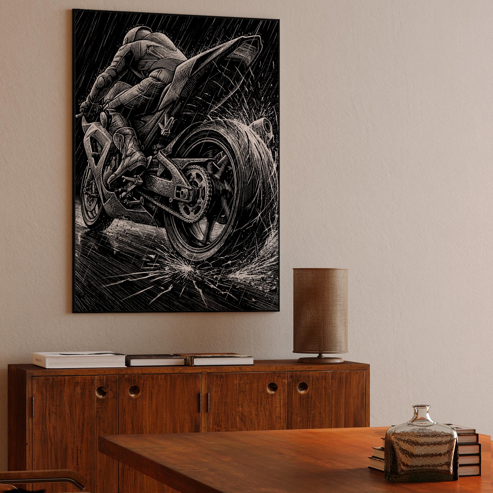 Torrential Velocity: Woodcut Motorcycle Racing in the Rain