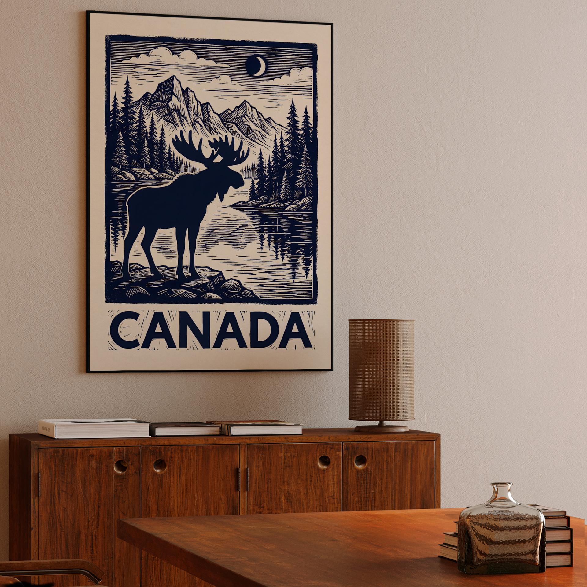 Majestic Canada Moose Woodcut Travel Poster