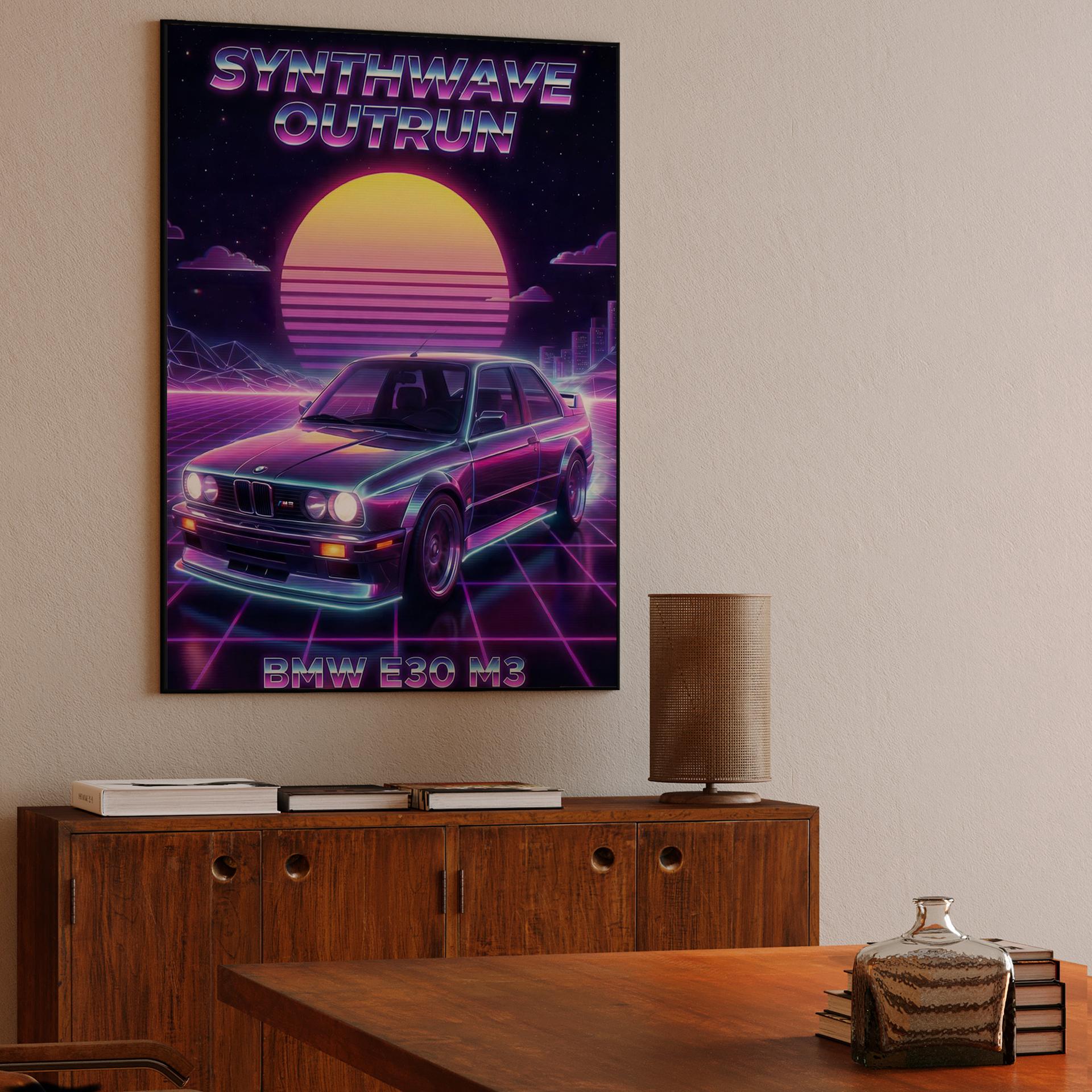 BMW E30 M3 Synthwave Outrun Poster