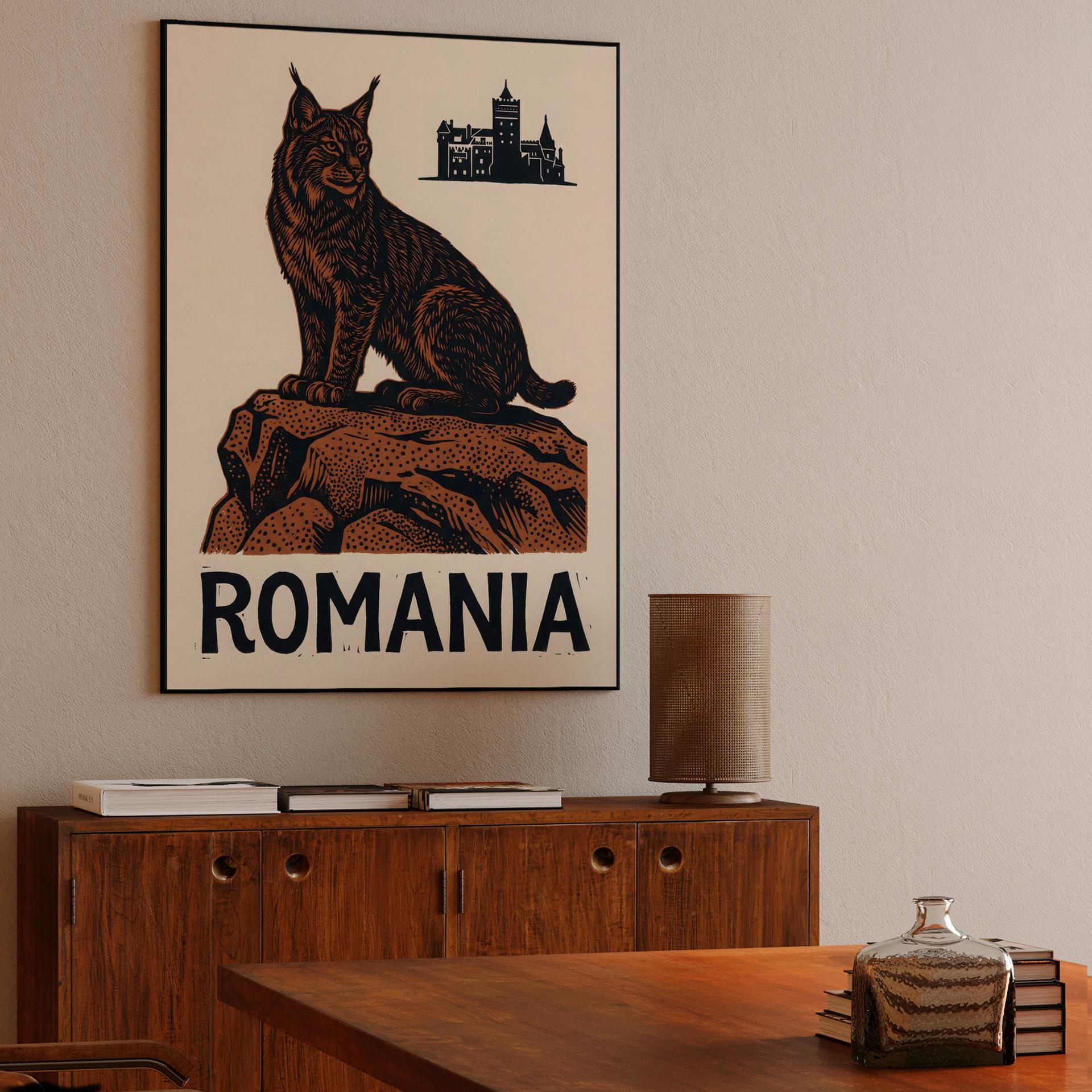 Wild Romania: Lynx and Bran Castle Woodcut Poster