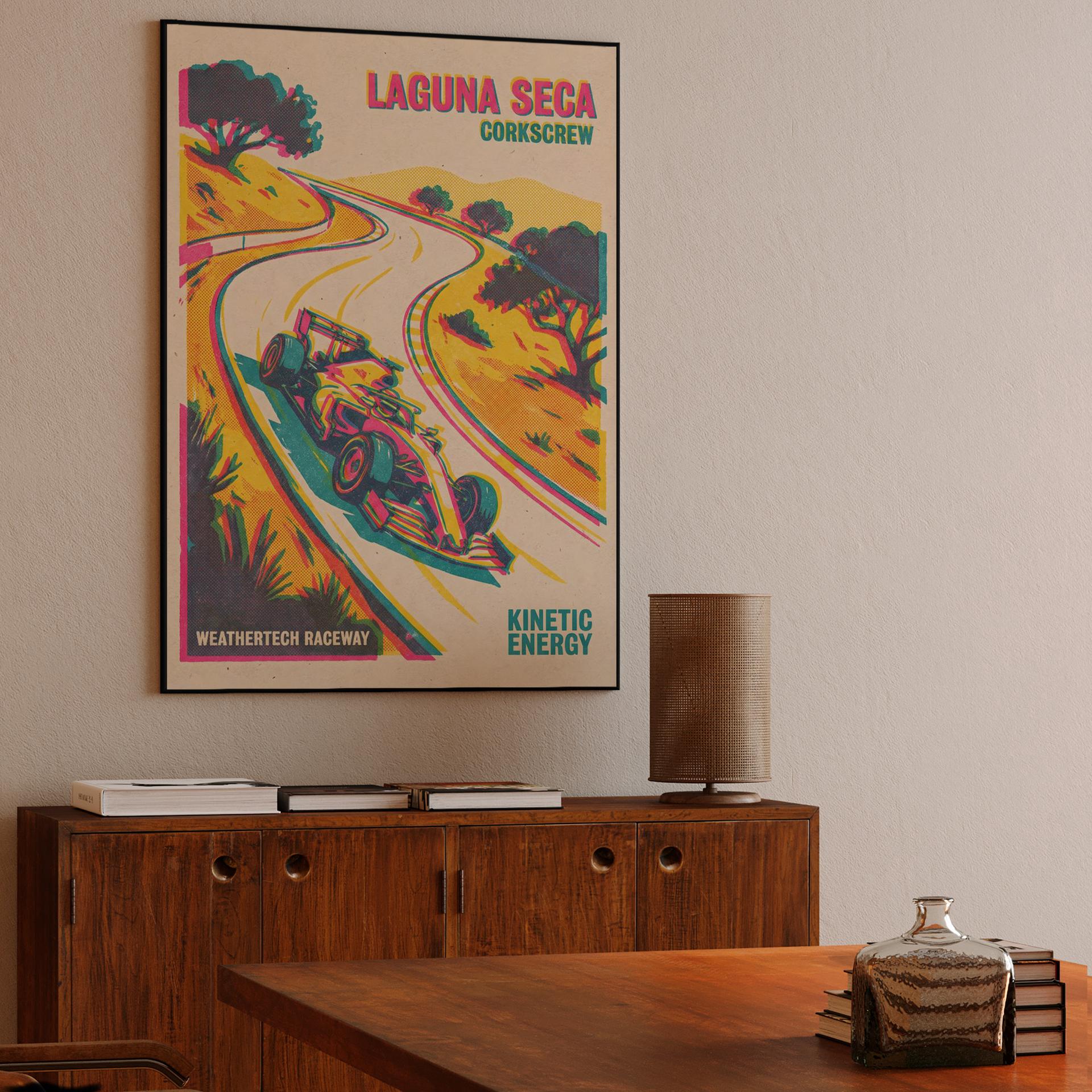 Kinetic Energy: Laguna Seca Corkscrew Retro Racing Poster