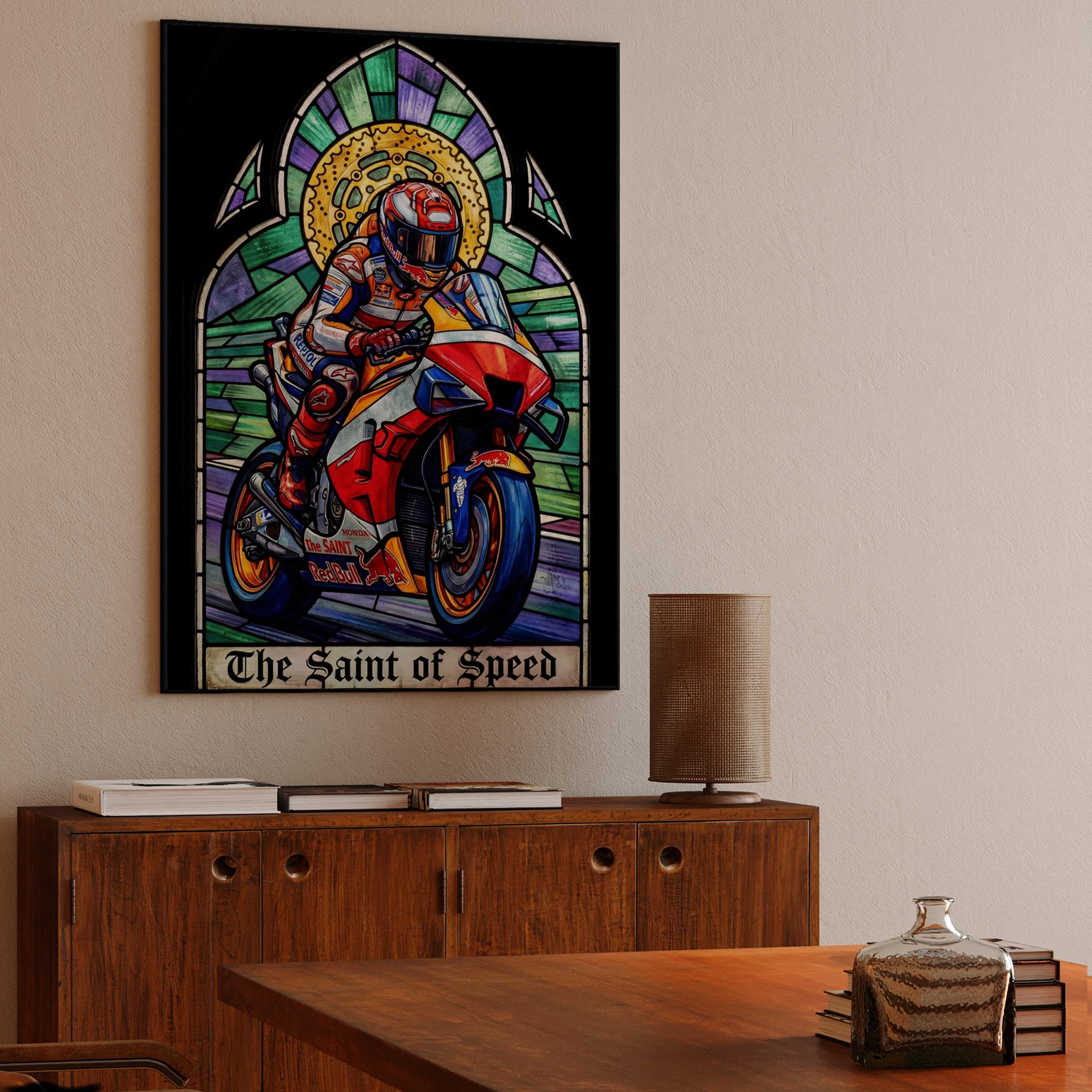 The Saint of Speed: Gothic Stained Glass Sportbike Art