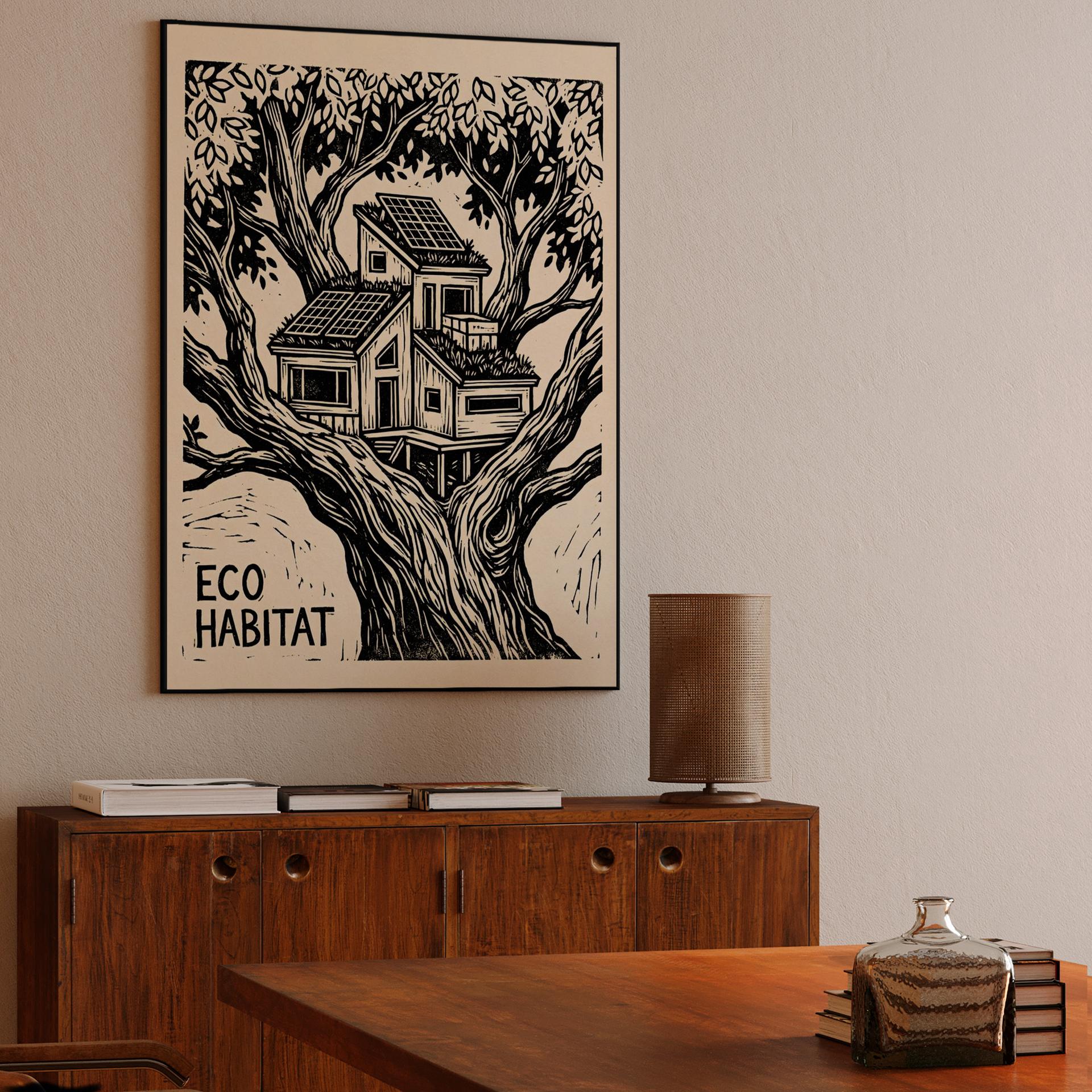 Eco Habitat Modern Treehouse Linocut