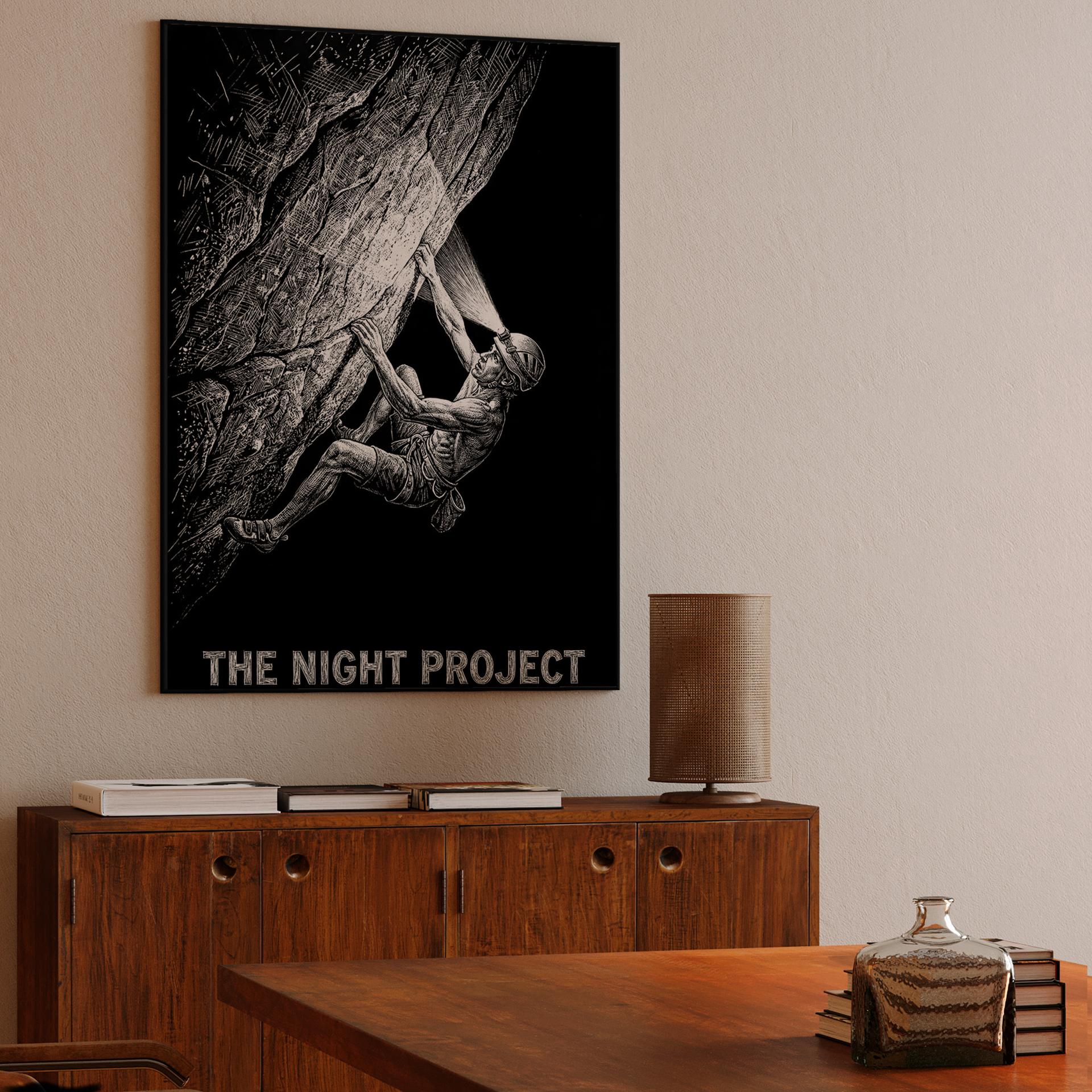 The Night Project: Woodcut Rock Climbing Illustration