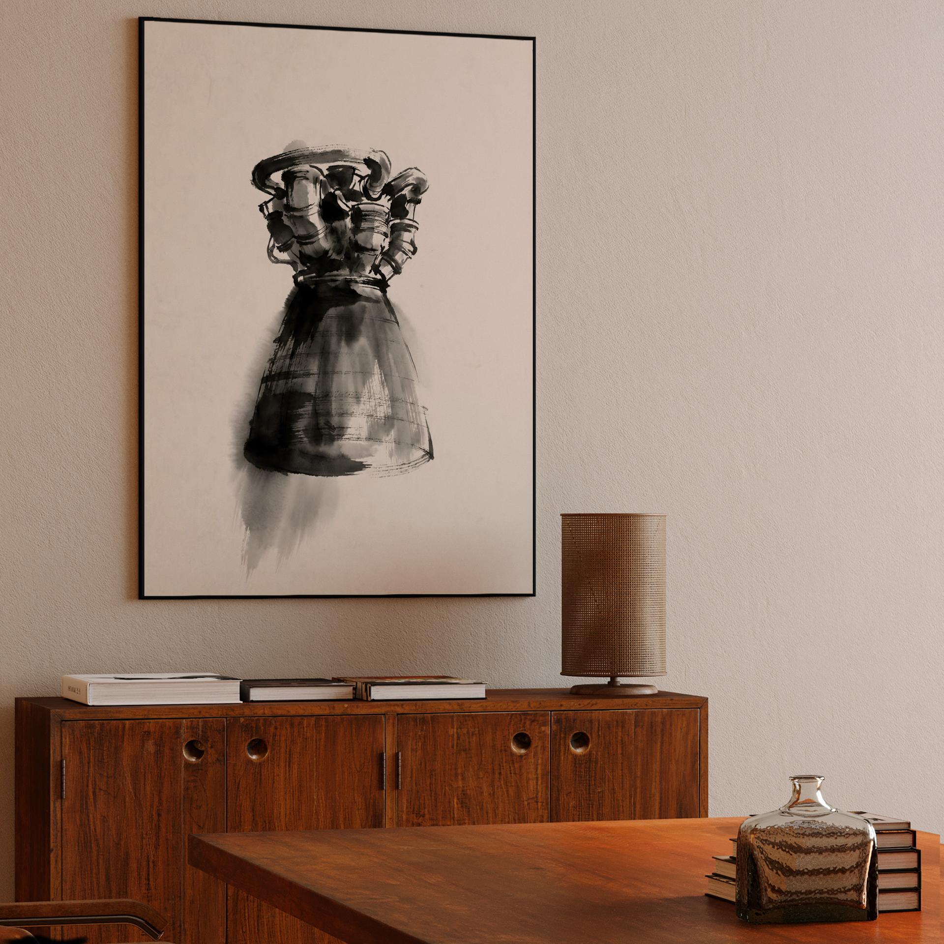 F-1 Rocket Engine Ink Wash Illustration