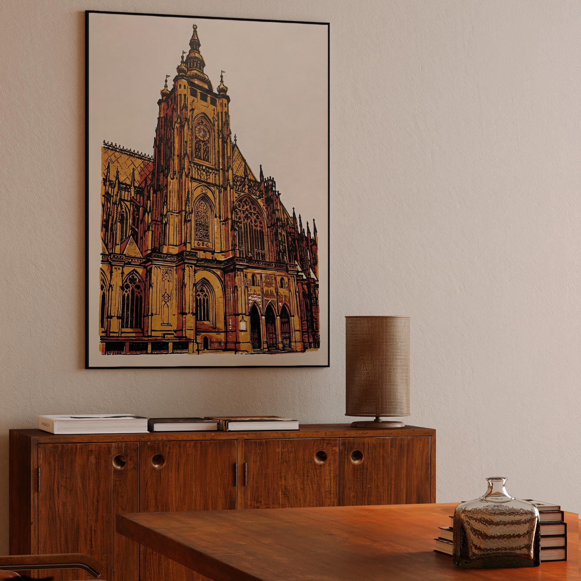 St. Vitus Cathedral Golden Woodcut Illustration