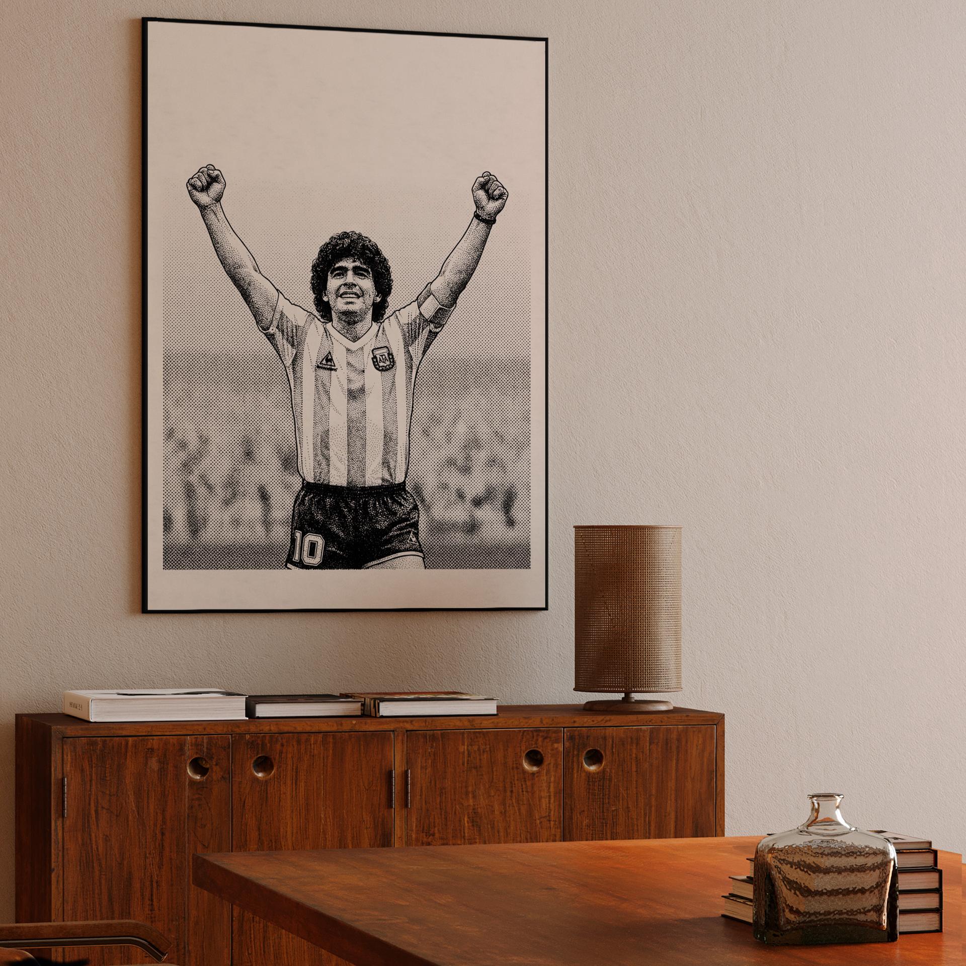 Maradona Triumphant: Stippled Legend in Black and White