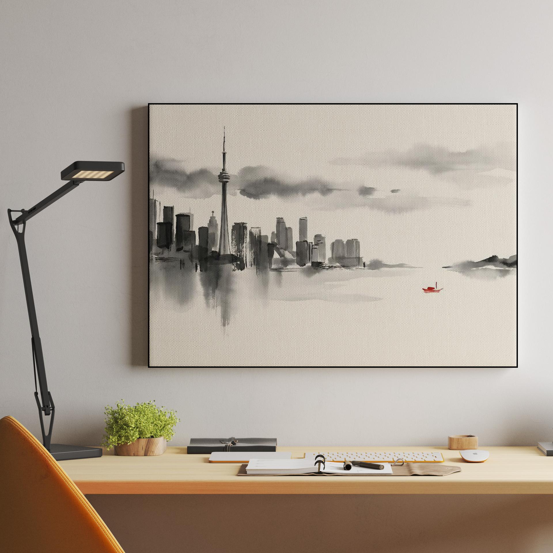 Sumi-e Toronto: Red Boat on Lake Ontario