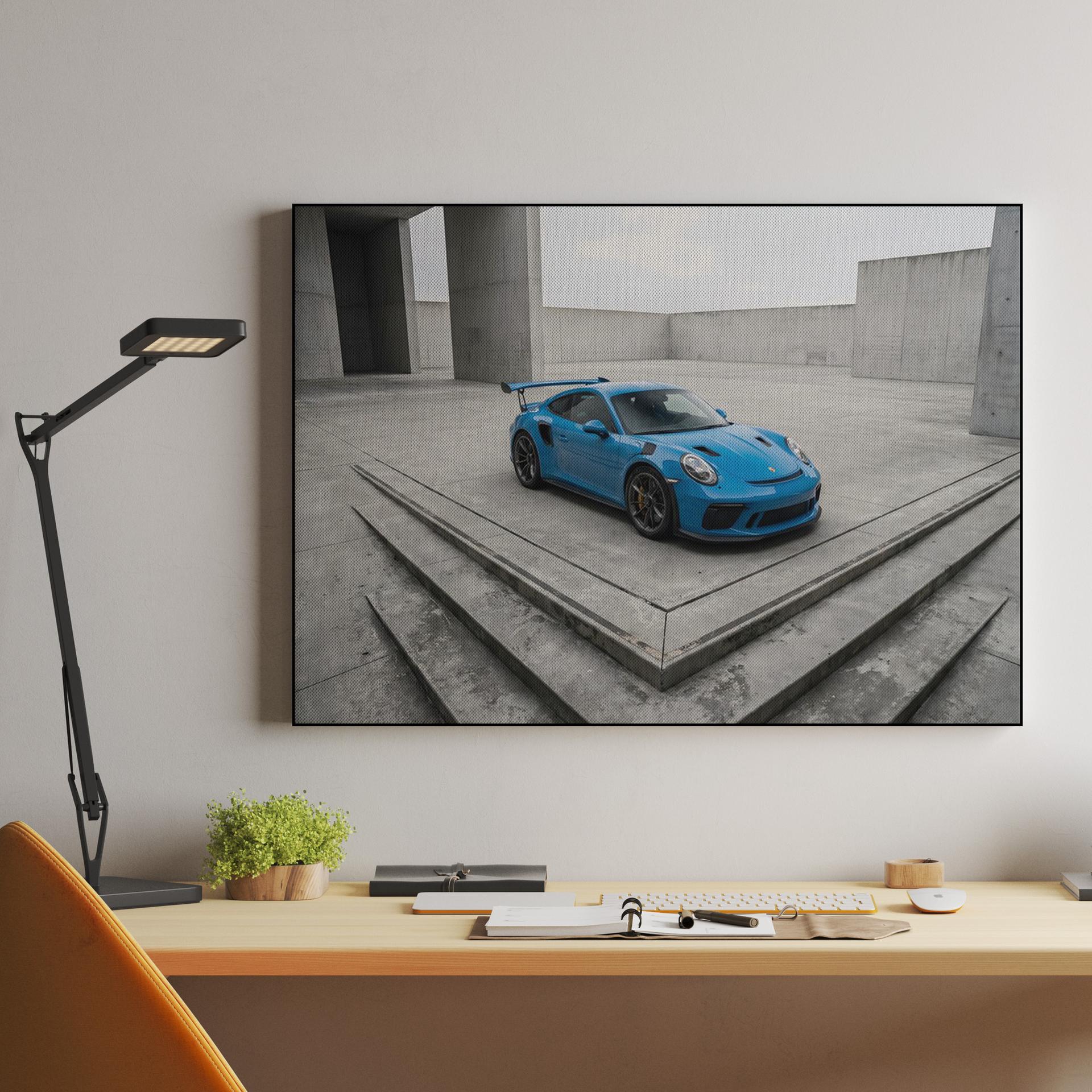 Blue Porsche 911 GT3 RS in Brutalist Setting