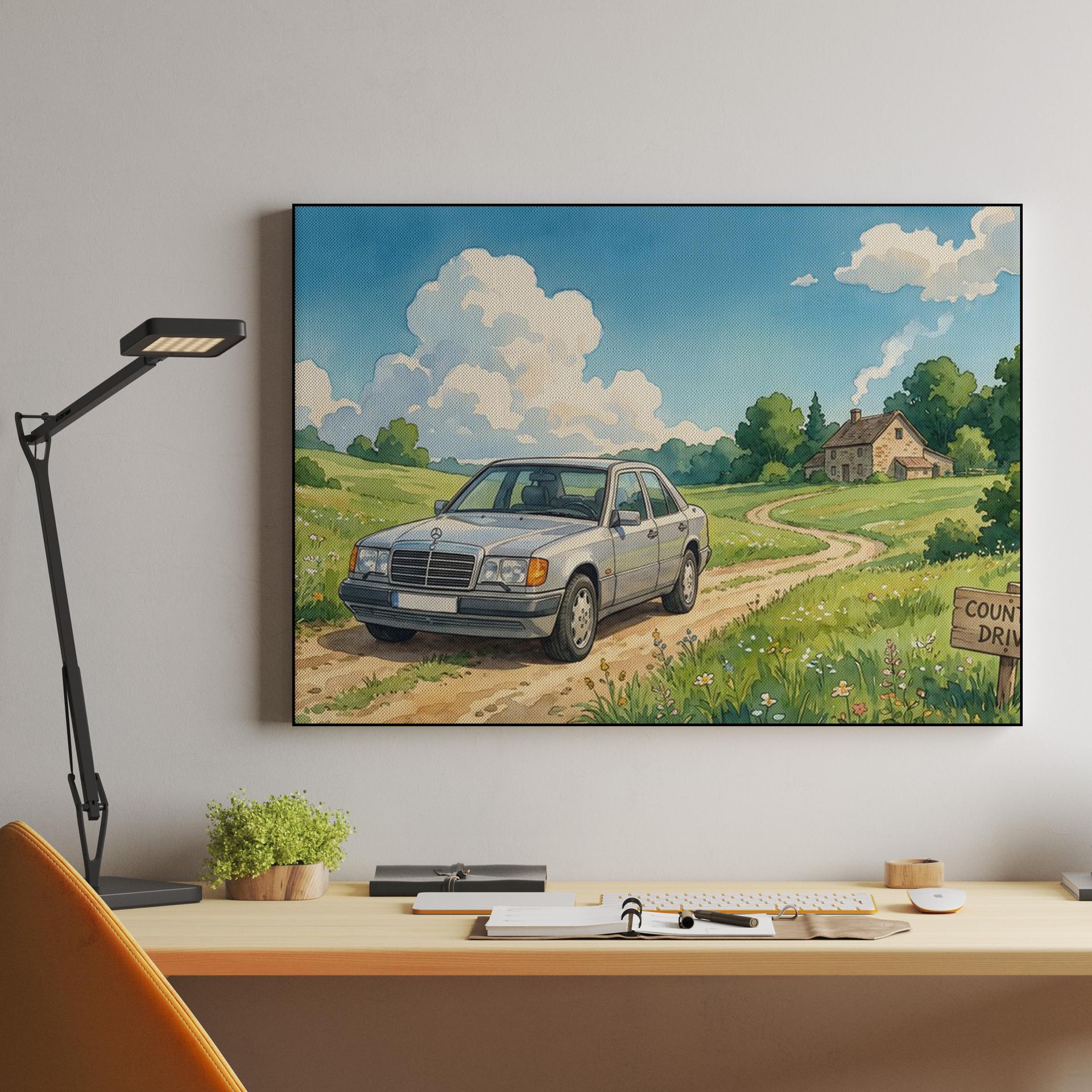 W124 Country Drive: Pastoral Watercolor Illustration