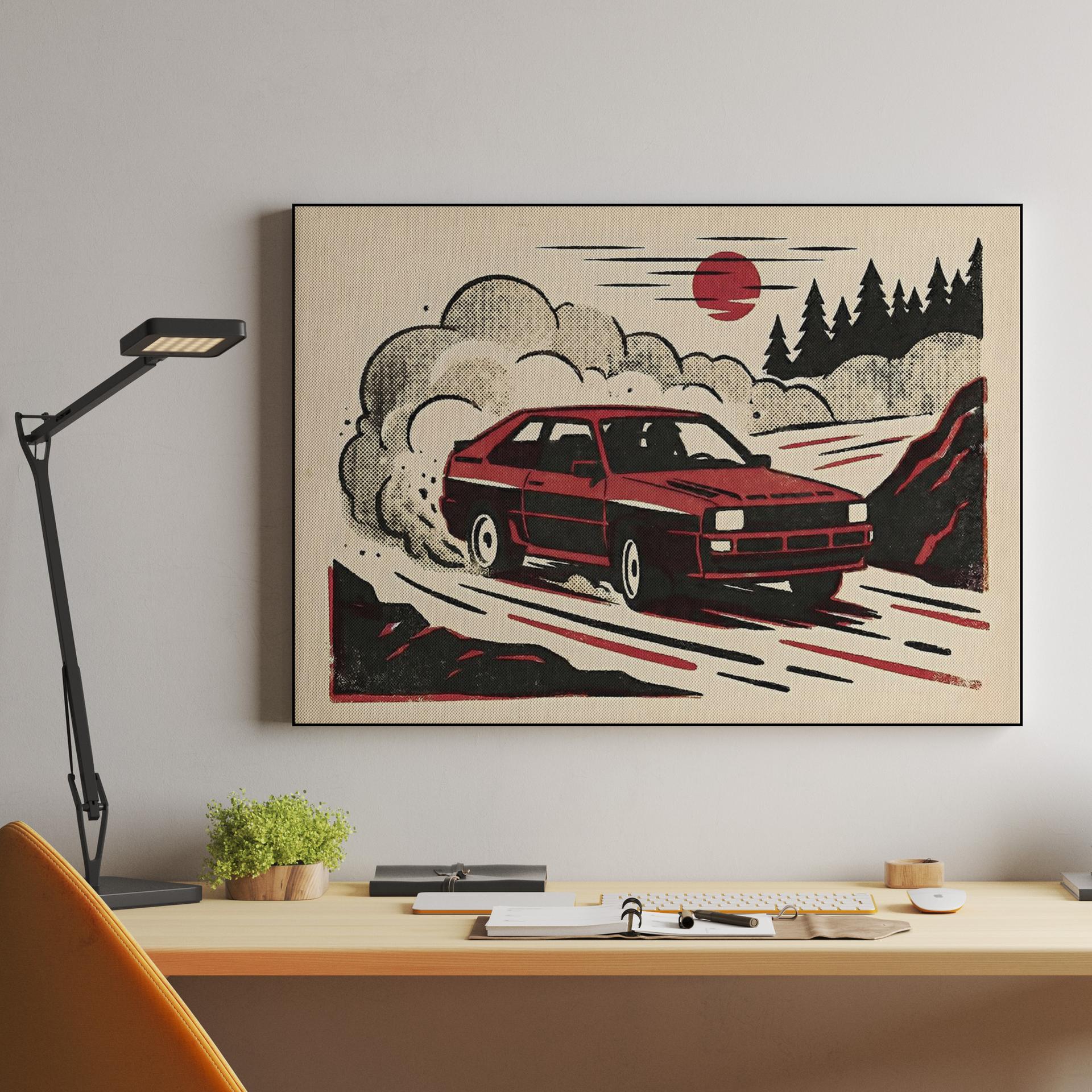 Audi Sport Quattro Rally Drift Woodcut Illustration