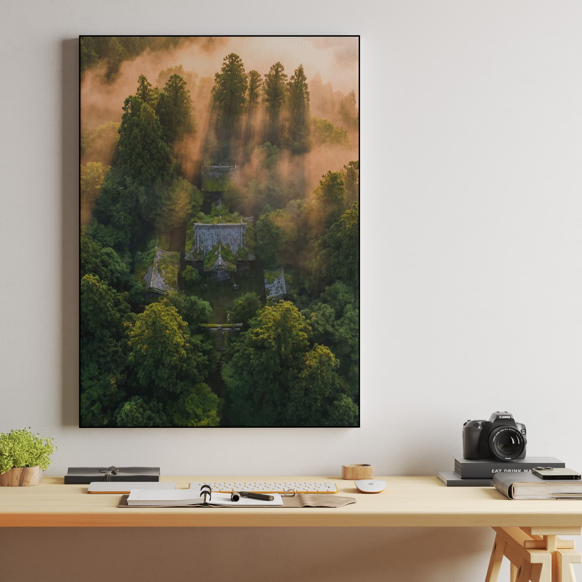 Sacred Forest Mist: Aerial Shinto Shrine