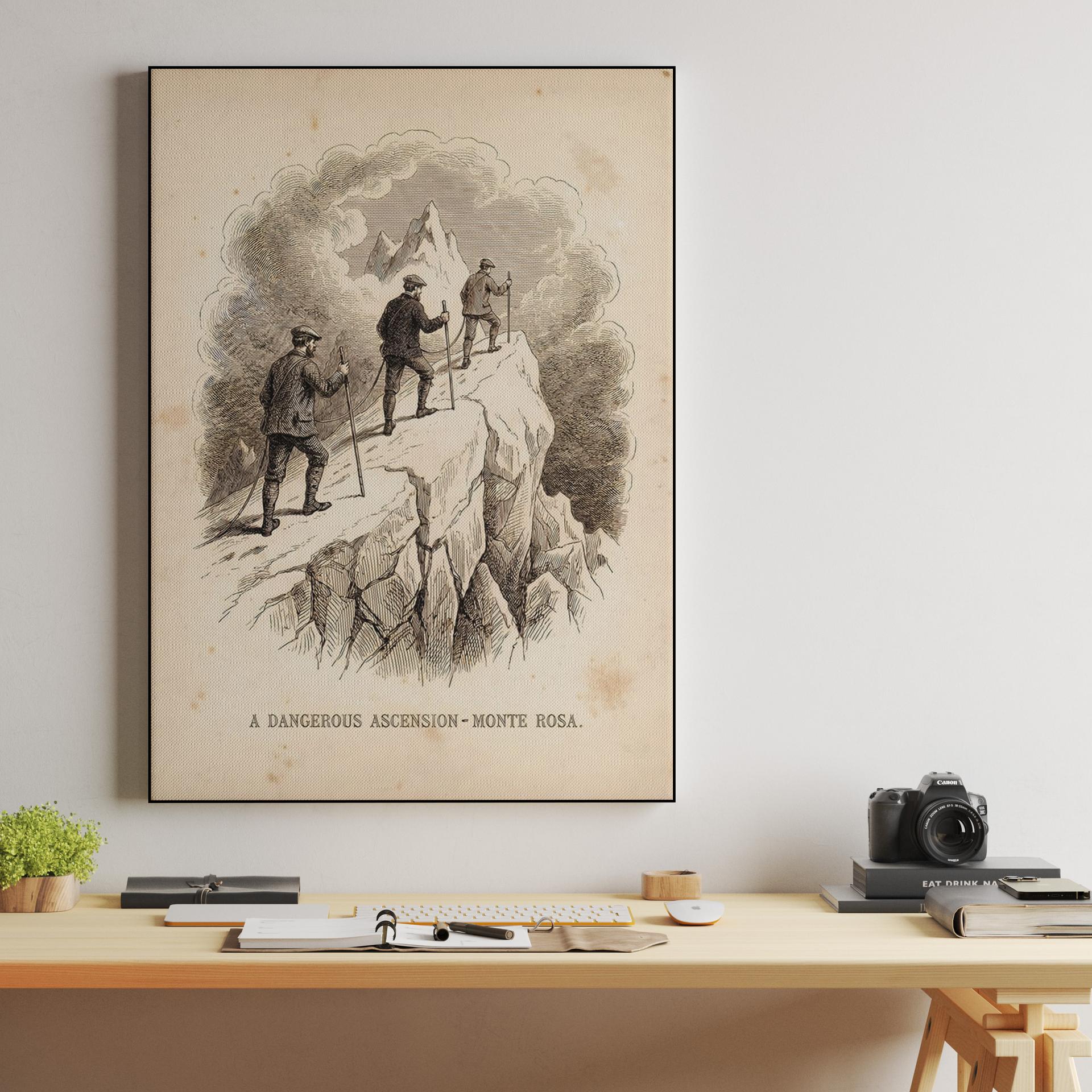 A Dangerous Ascension: Vintage Monte Rosa Mountaineering Engraving