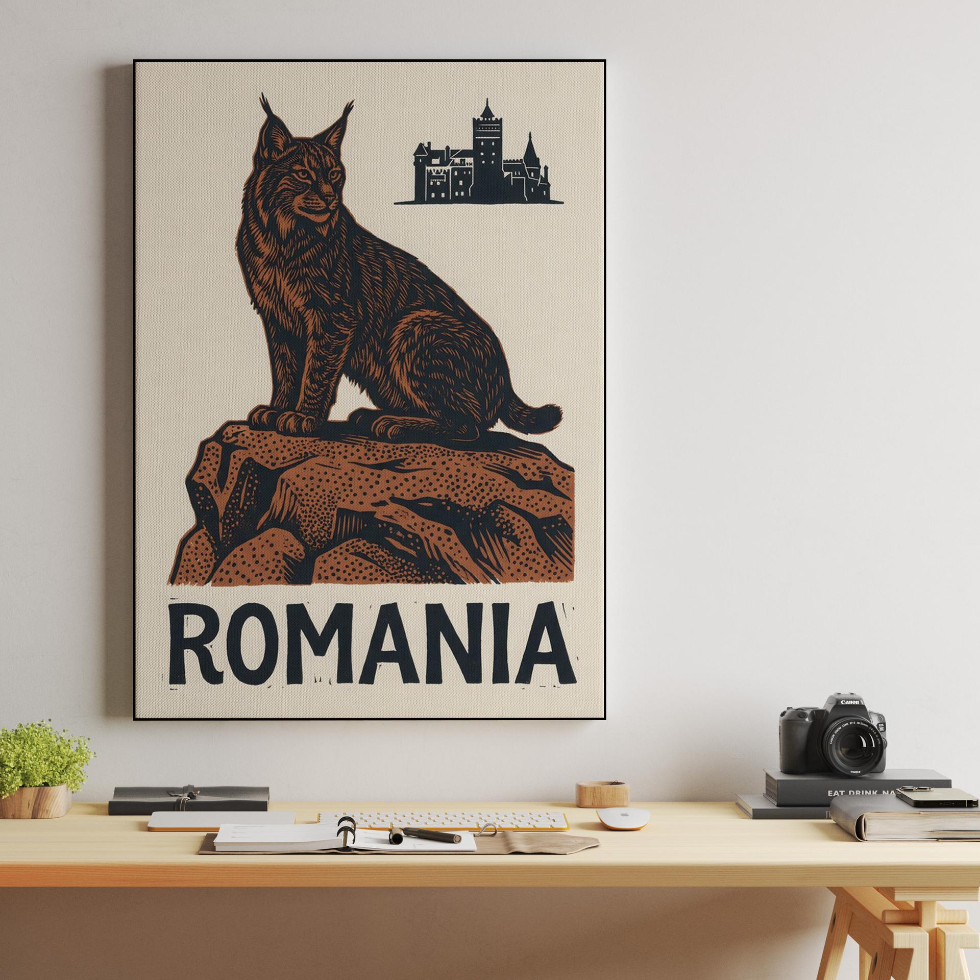 Wild Romania: Lynx and Bran Castle Woodcut Poster