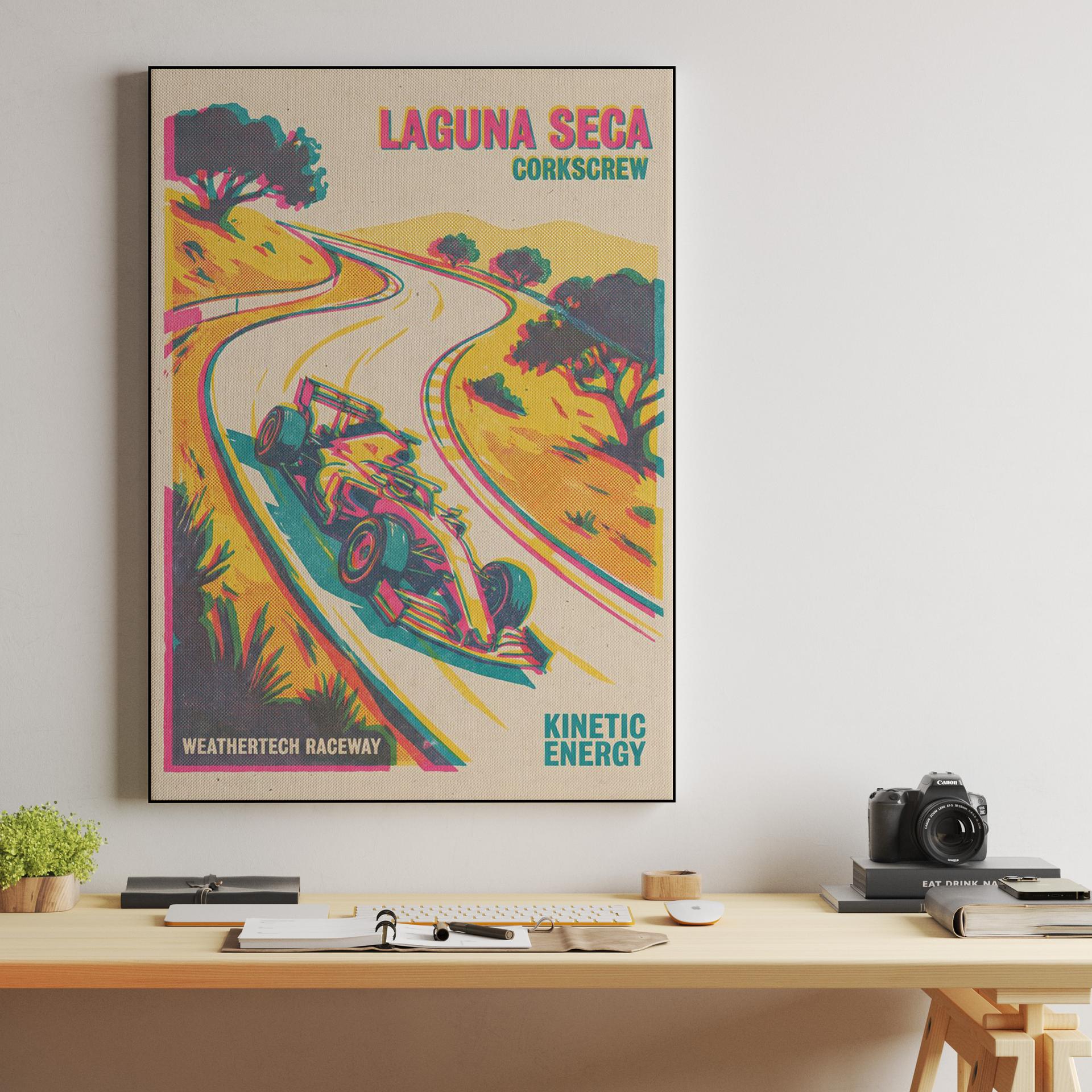 Kinetic Energy: Laguna Seca Corkscrew Retro Racing Poster