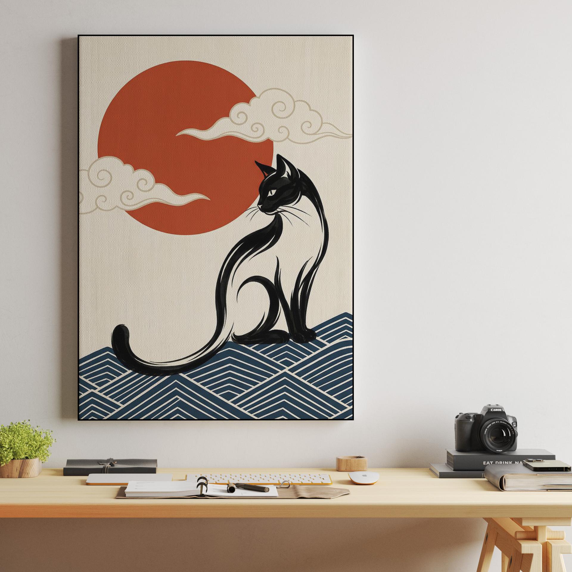 Celestial Zen: Japanese Style Black Cat & Rising Sun
