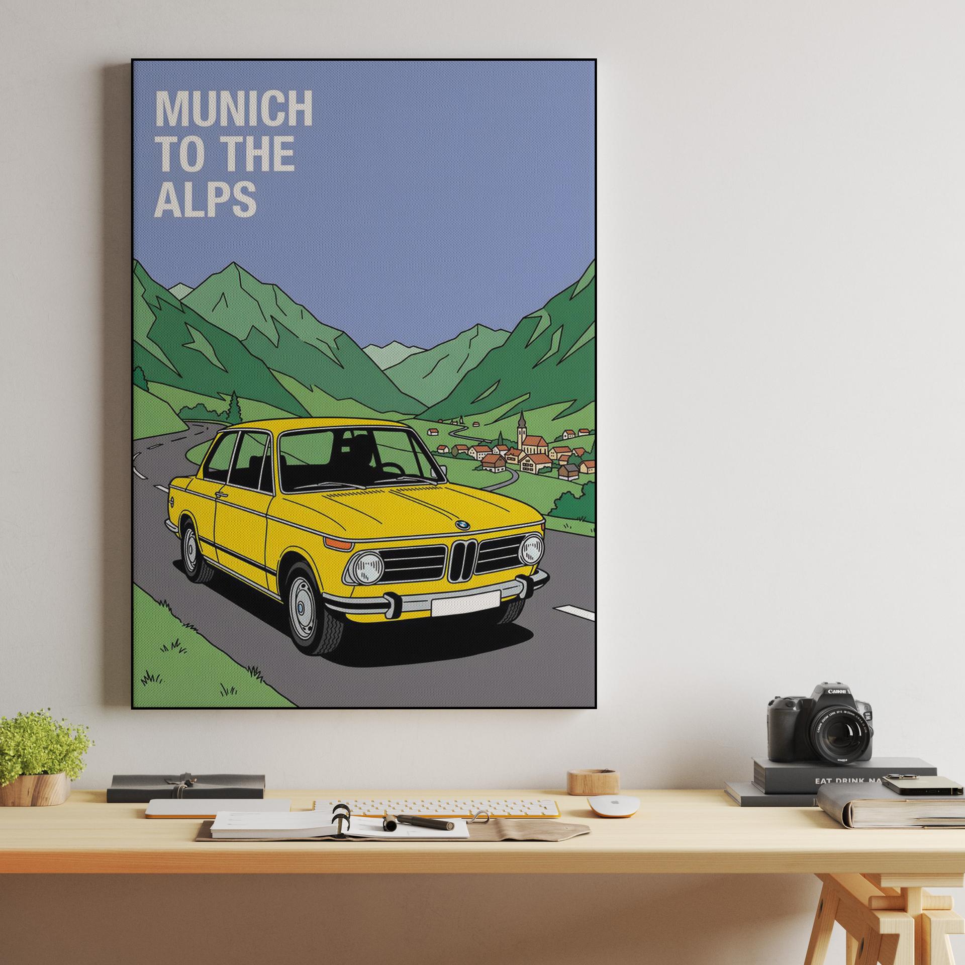 Munich to the Alps: Vintage BMW 2002 Travel Poster