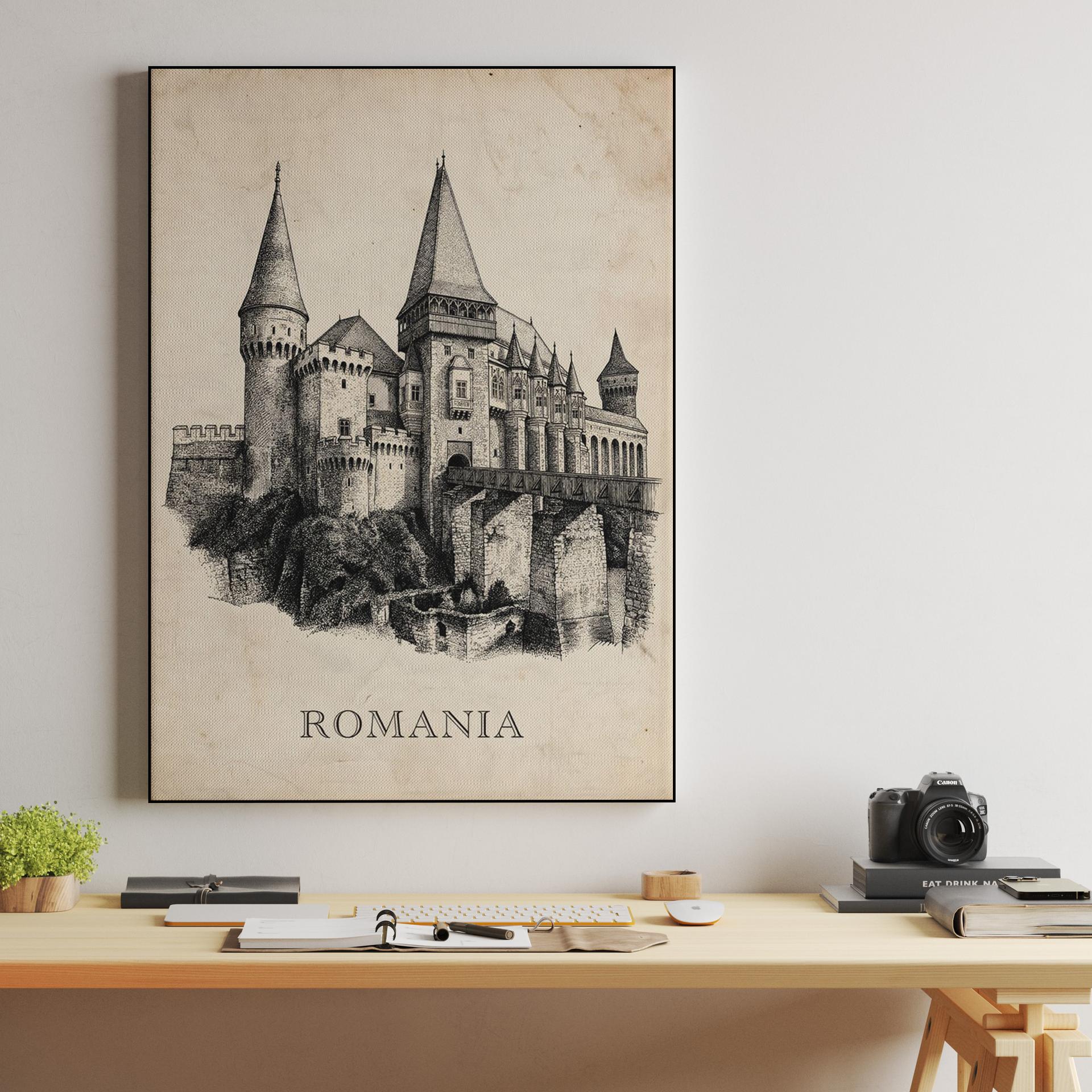 Corvin Castle Romania: Vintage Ink Illustration