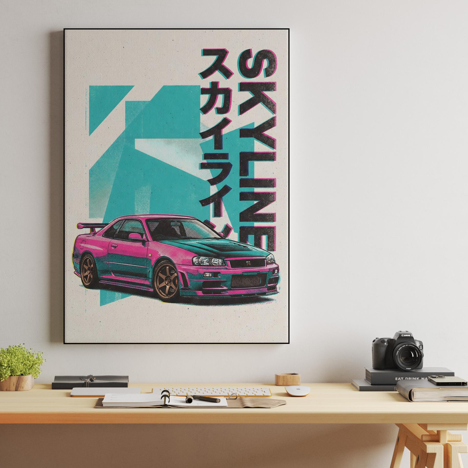 Skyline GT-R R34 Vaporwave Halftone Illustration